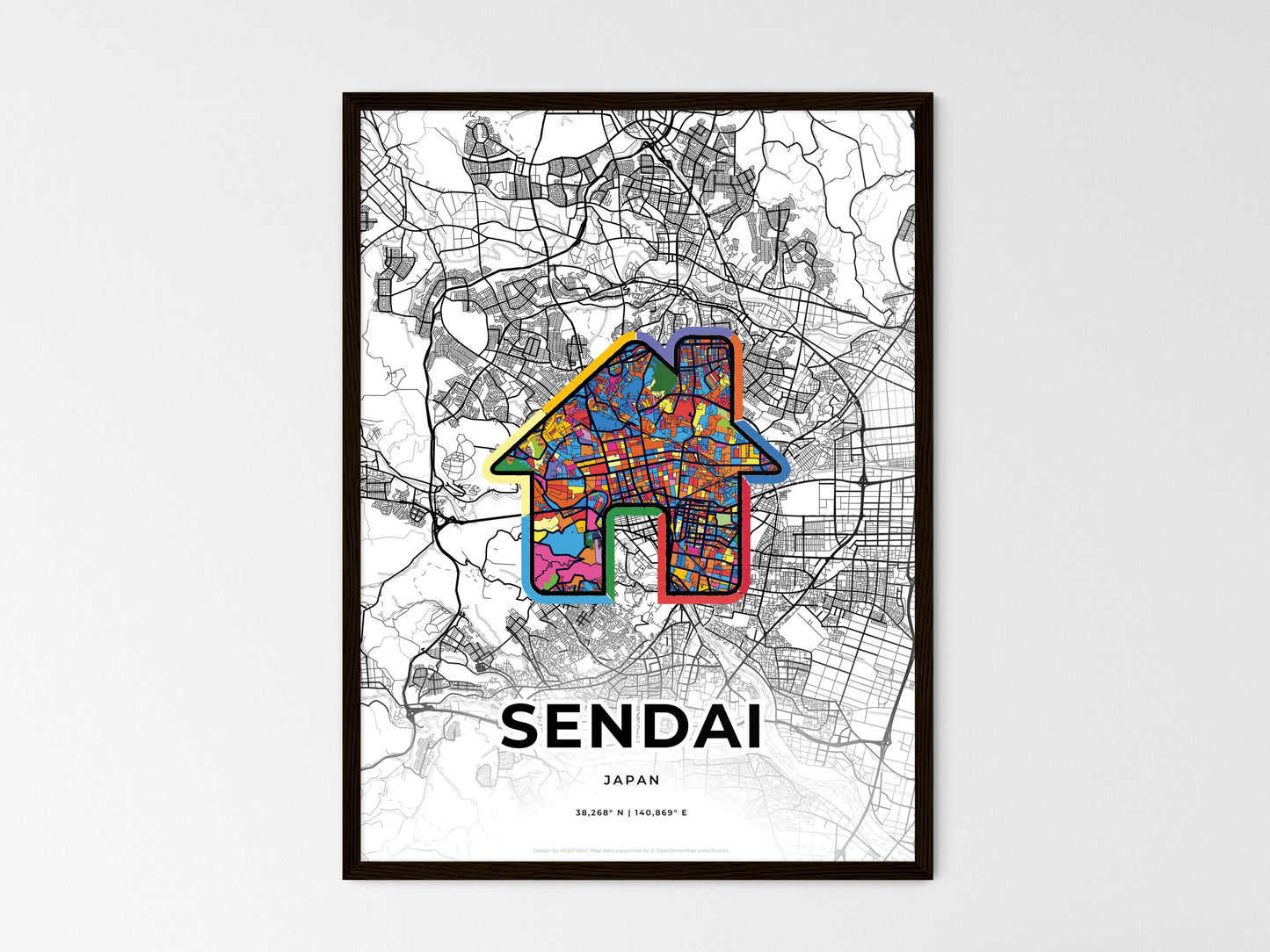SENDAI JAPAN minimal art map with a colorful icon. Style 3