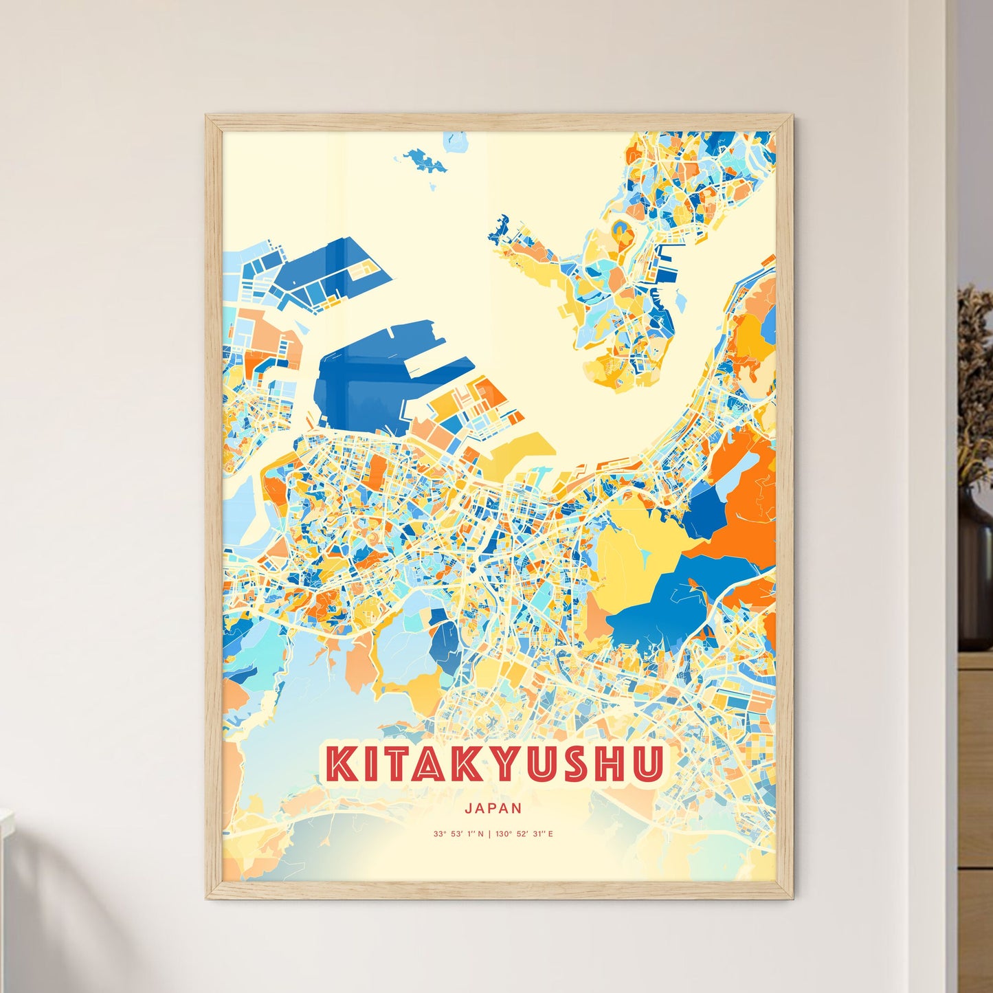 Colorful KITAKYUSHU JAPAN Fine Art Map Blue Orange