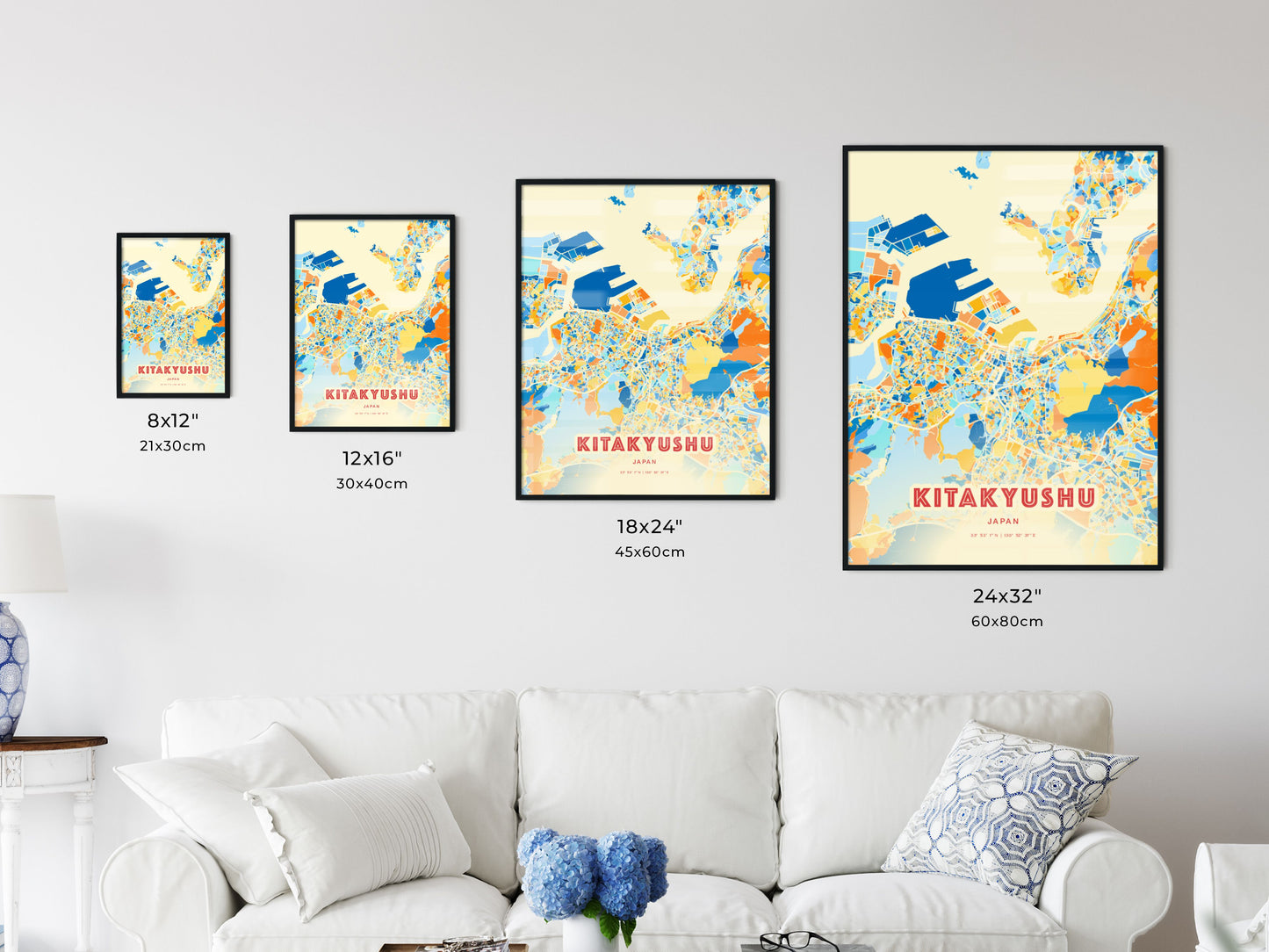 Colorful KITAKYUSHU JAPAN Fine Art Map Blue Orange