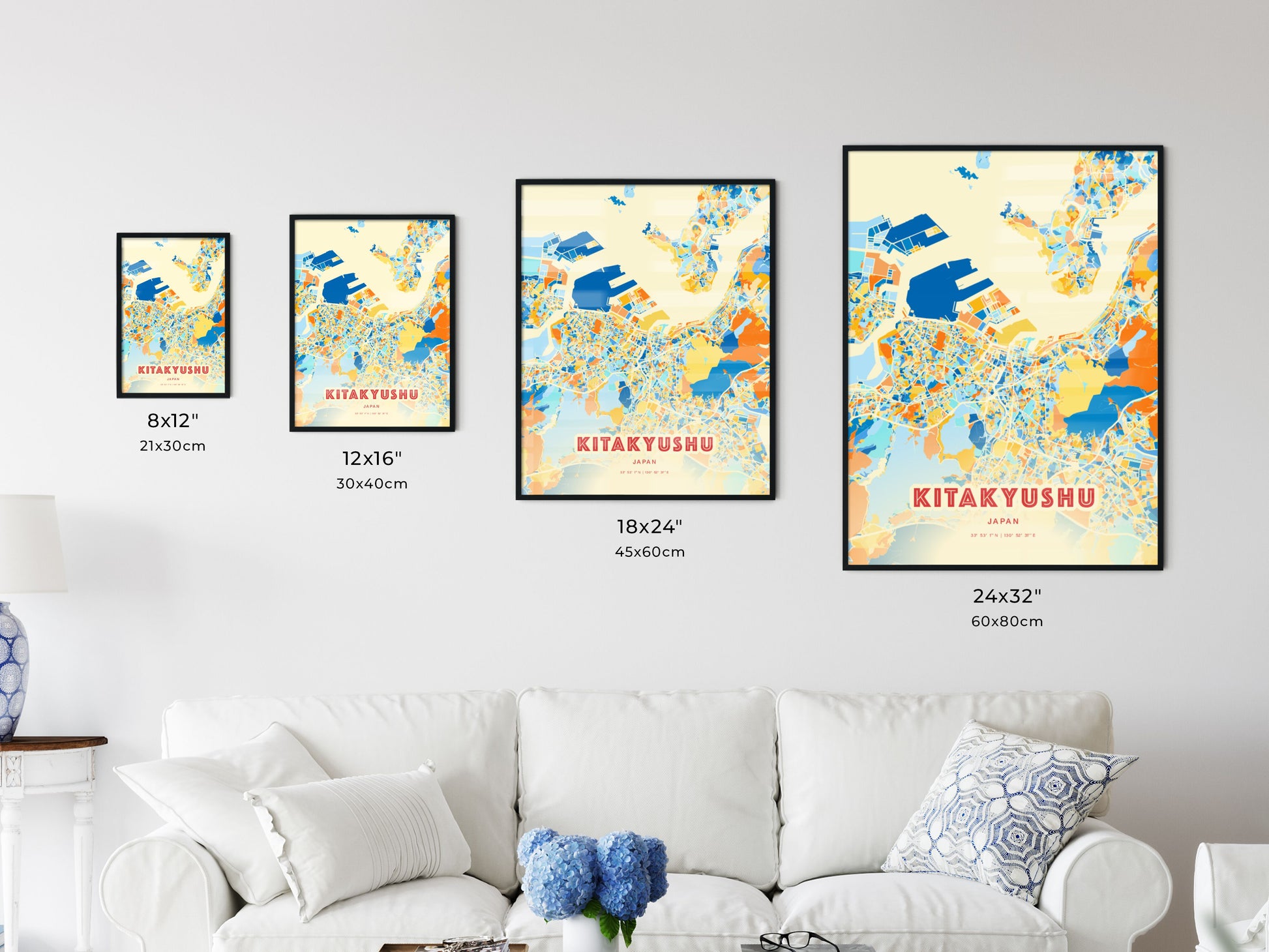 Colorful KITAKYUSHU JAPAN Fine Art Map Blue Orange