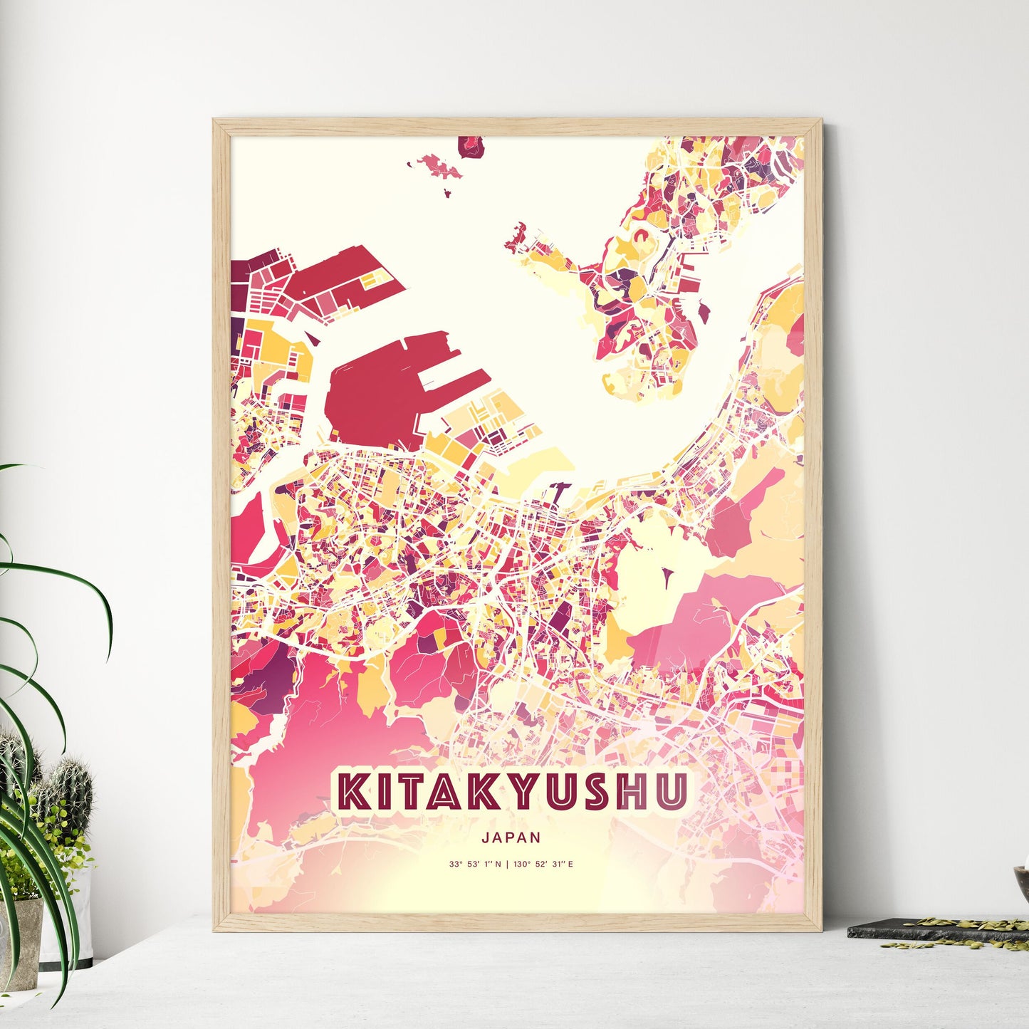 Colorful KITAKYUSHU JAPAN Fine Art Map Hot Red