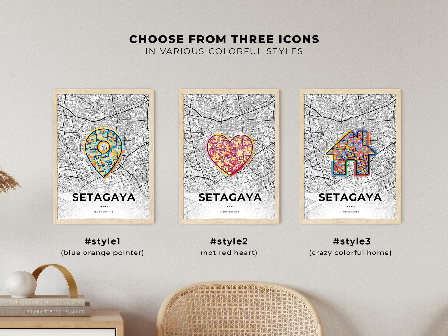 SETAGAYA JAPAN minimal art map with a colorful icon. Where it all began, Couple map gift.