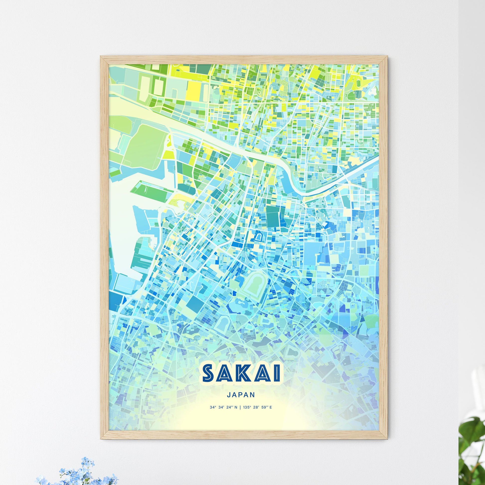 Colorful SAKAI JAPAN Fine Art Map Cool Blue