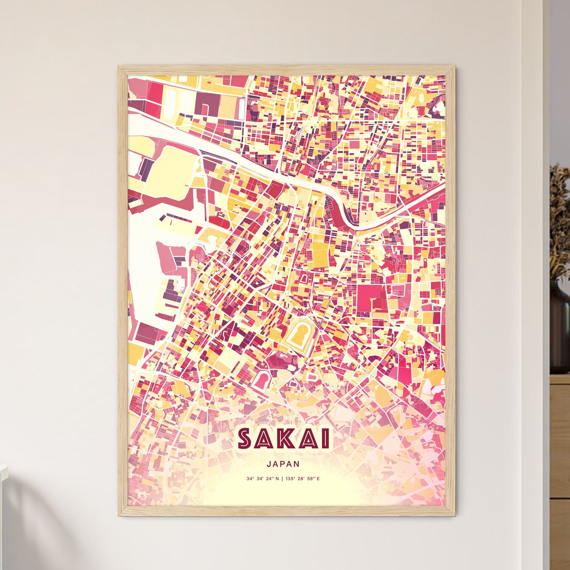 Colorful SAKAI JAPAN Fine Art Map Hot Red