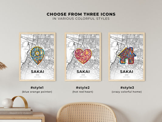 Sakai Japan maps with colorful icons