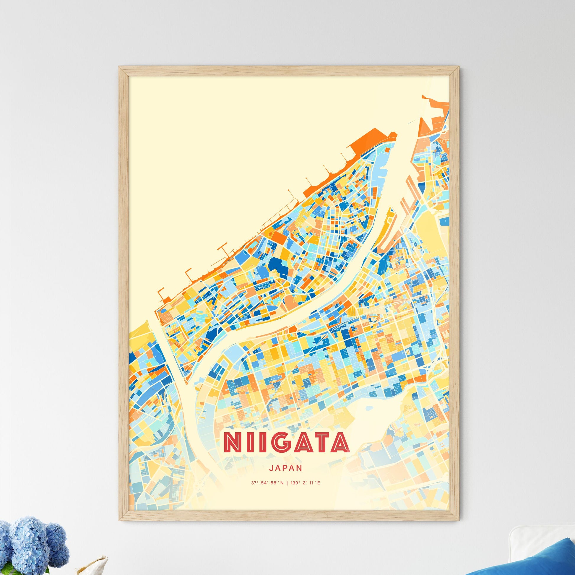 Colorful NIIGATA JAPAN Fine Art Map Blue Orange