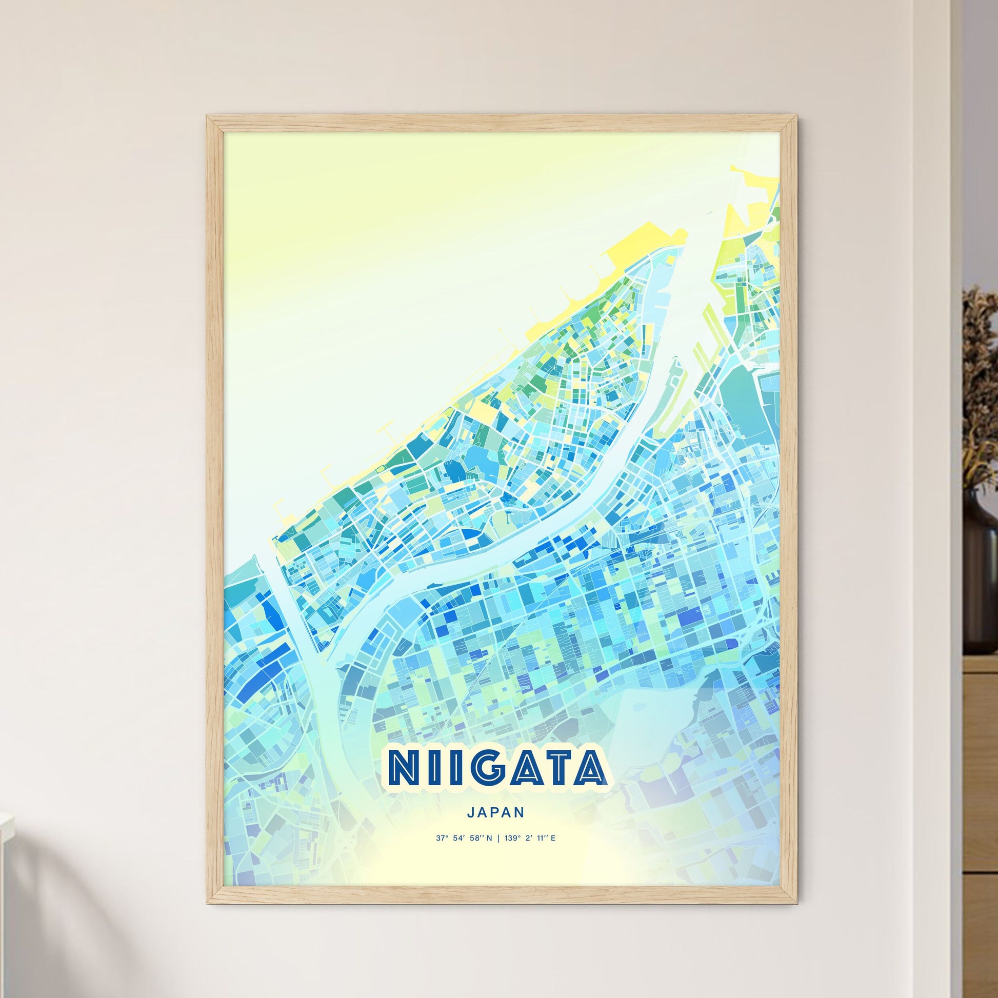 Colorful NIIGATA JAPAN Fine Art Map Cool Blue