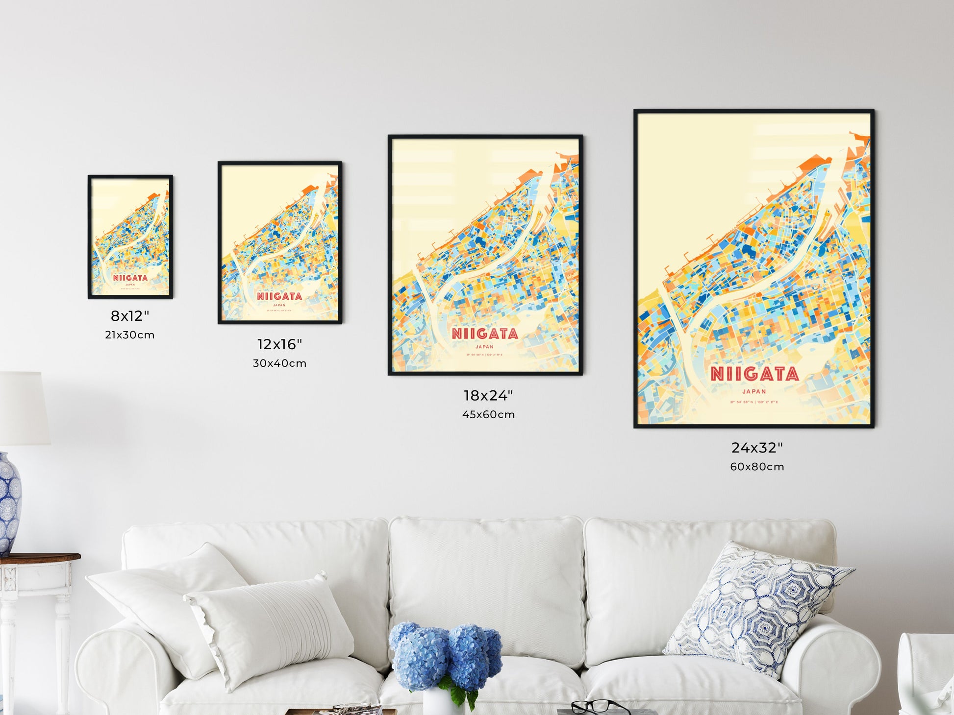 Colorful NIIGATA JAPAN Fine Art Map Blue Orange