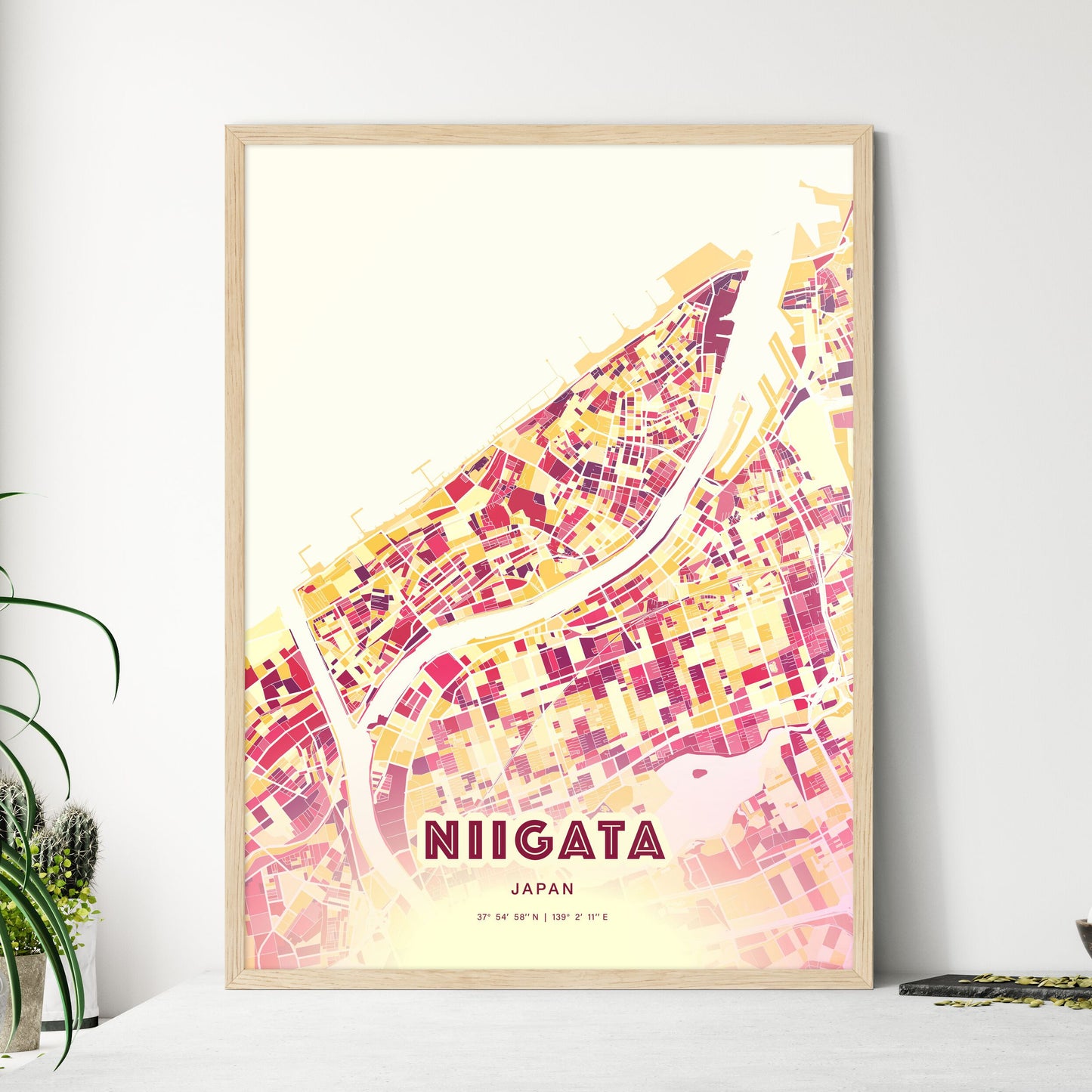 Colorful NIIGATA JAPAN Fine Art Map Hot Red