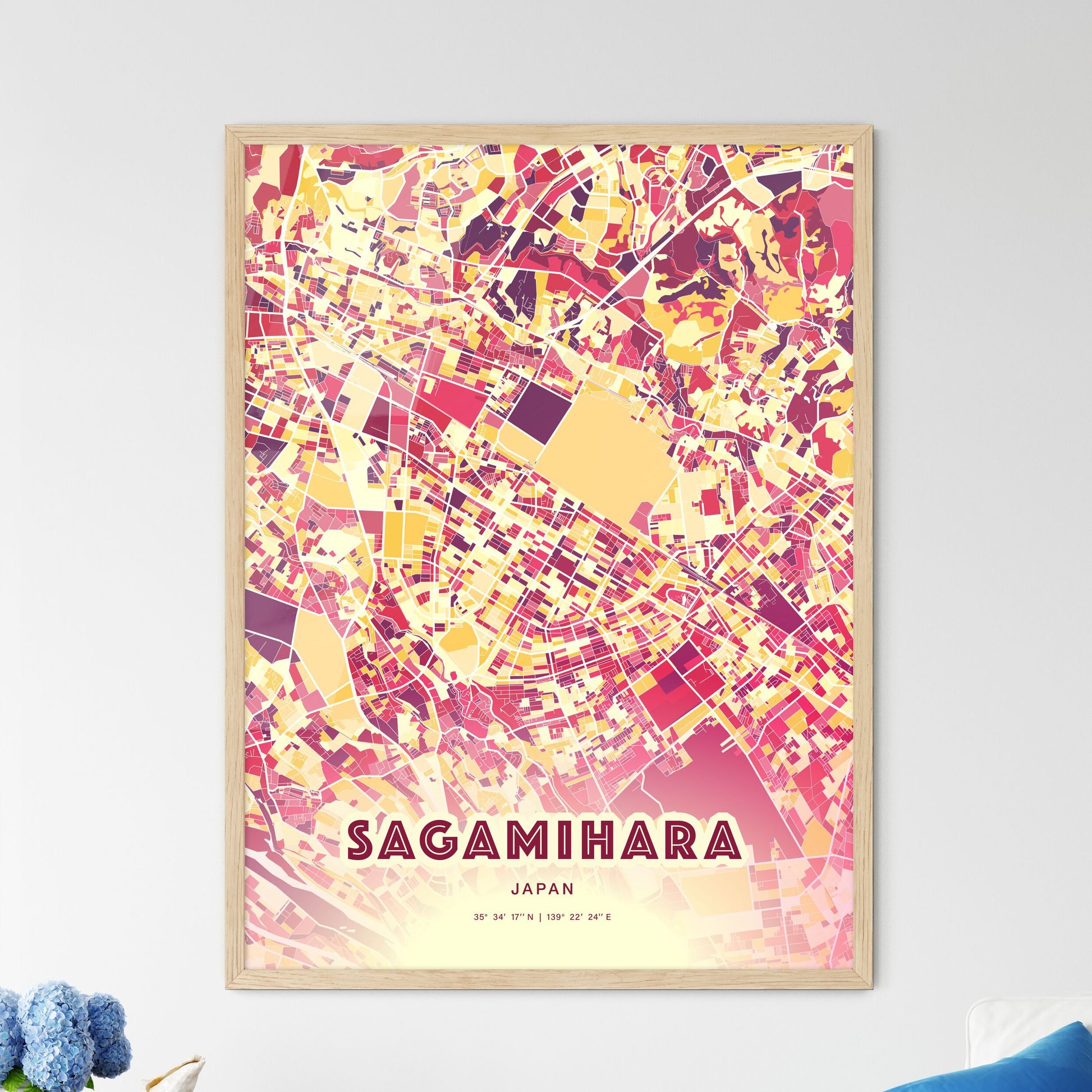 Colorful SAGAMIHARA JAPAN Fine Art Map Hot Red