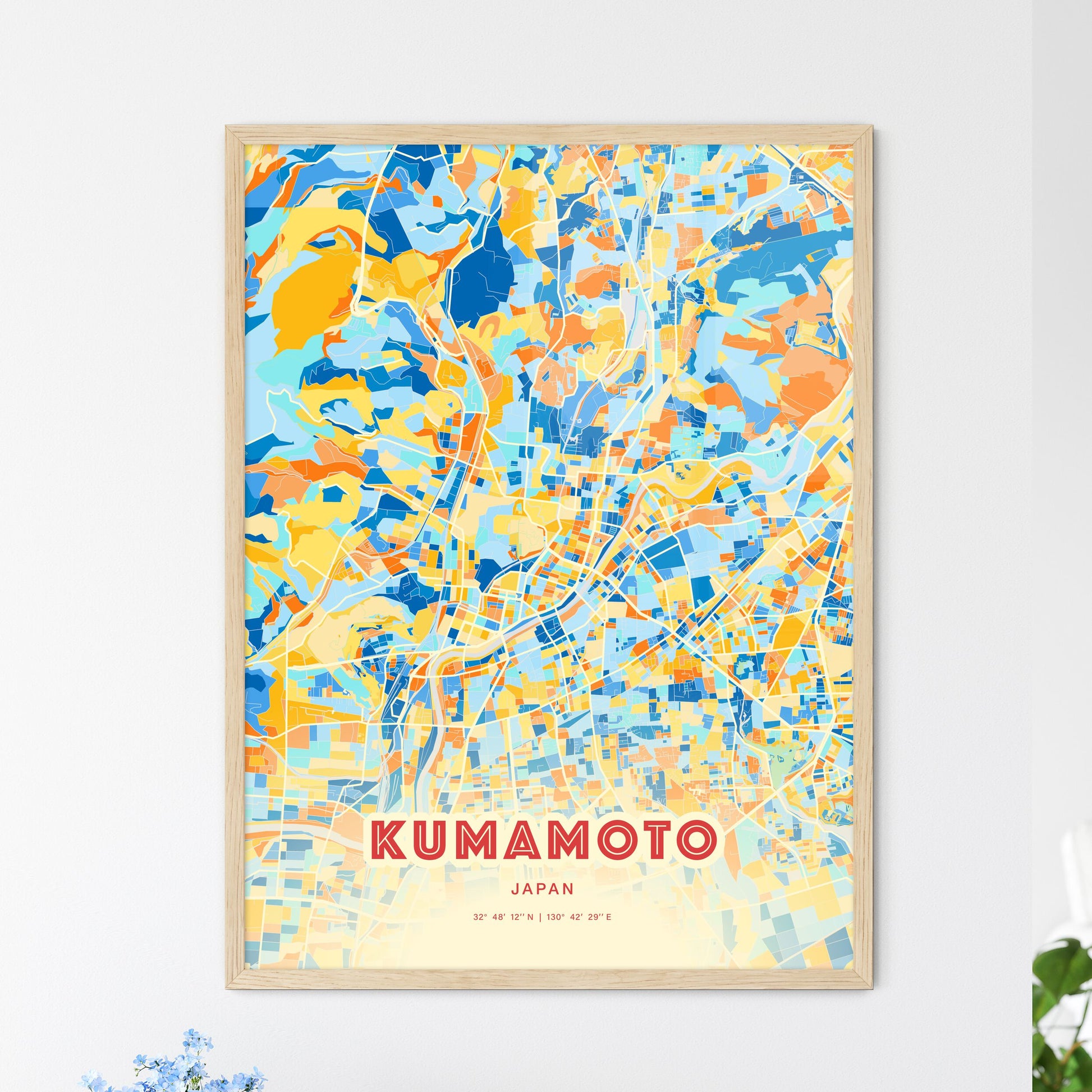 Colorful Kumamoto Japan Fine Art Map Blue Orange