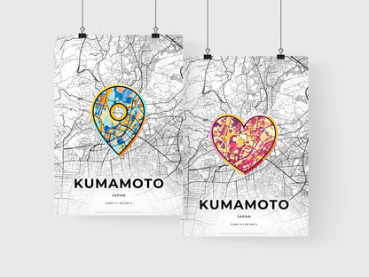 KUMAMOTO JAPAN minimal art map with a colorful icon. Where it all began, Couple map gift.