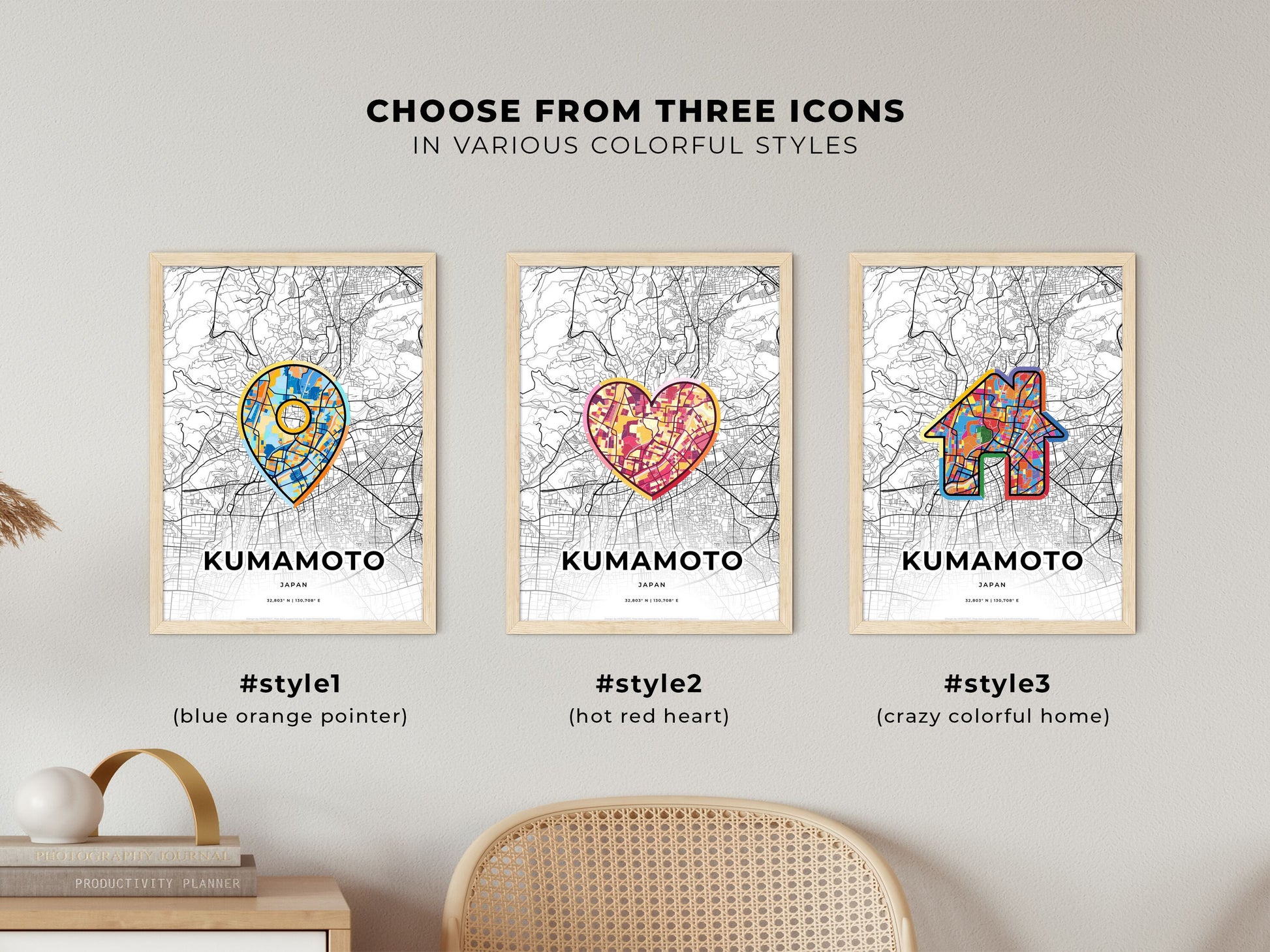 KUMAMOTO JAPAN minimal art map with a colorful icon. Where it all began, Couple map gift.
