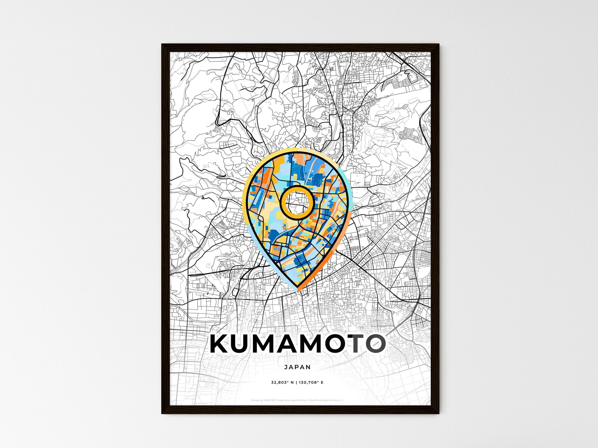 KUMAMOTO JAPAN minimal art map with a colorful icon. Where it all began, Couple map gift. Style 1