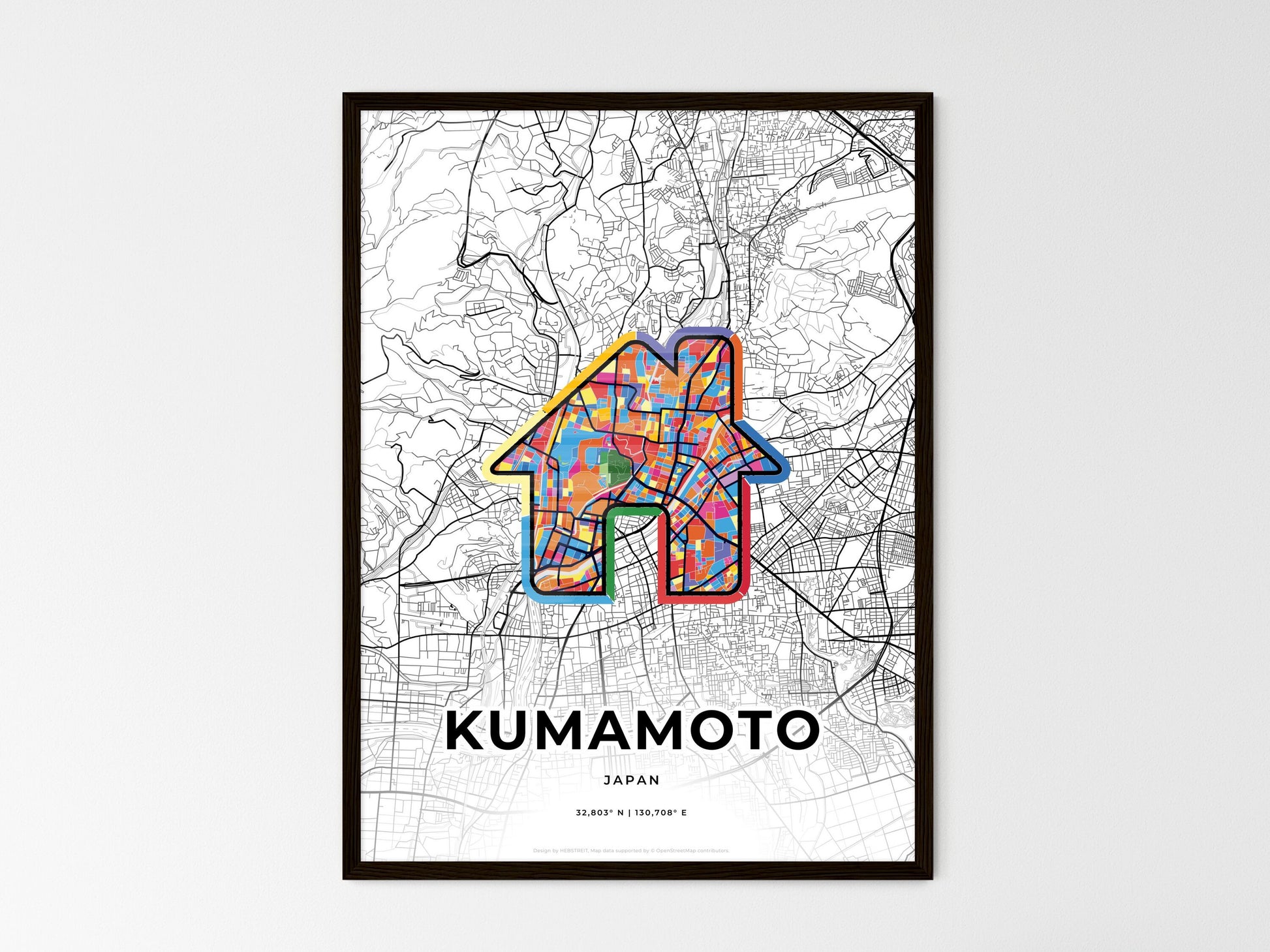 KUMAMOTO JAPAN minimal art map with a colorful icon. Where it all began, Couple map gift. Style 3