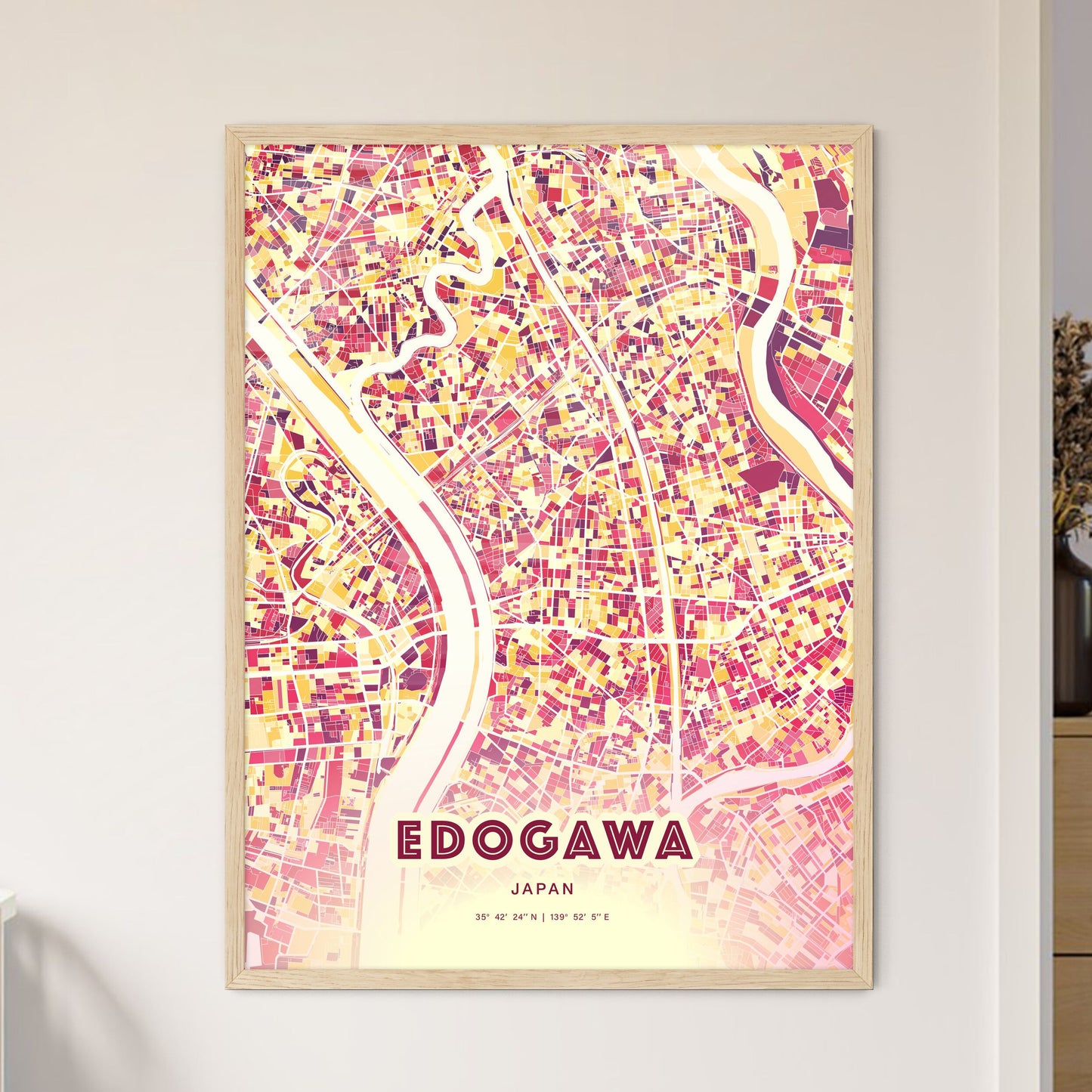 Colorful EDOGAWA JAPAN Fine Art Map Hot Red