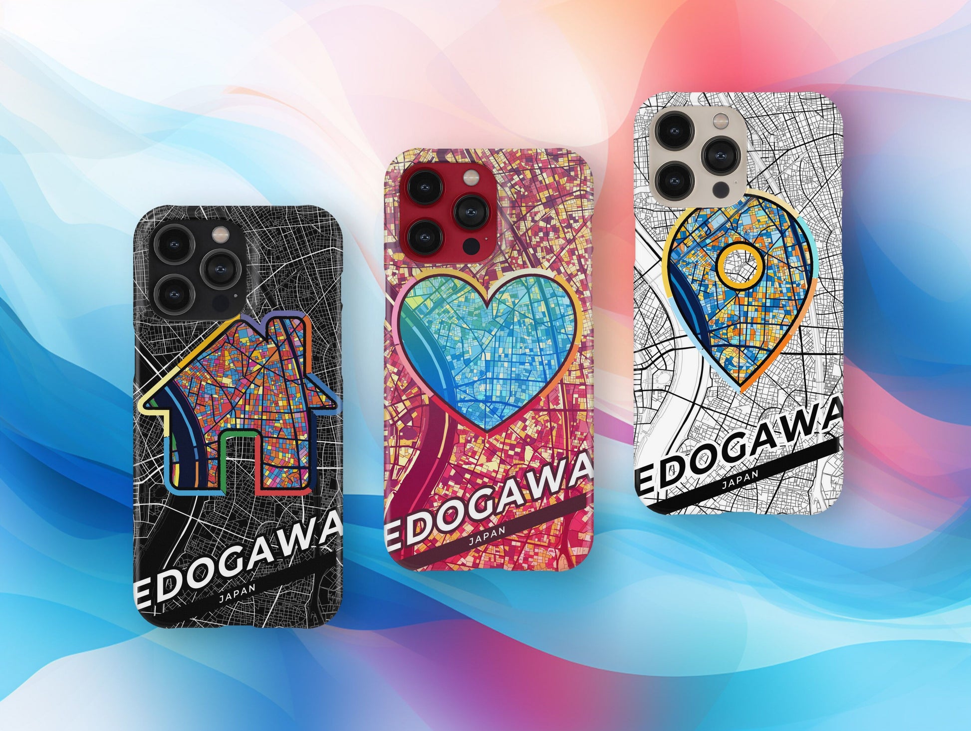 Edogawa Japan slim phone case with colorful icon. Birthday, wedding or housewarming gift. Couple match cases.