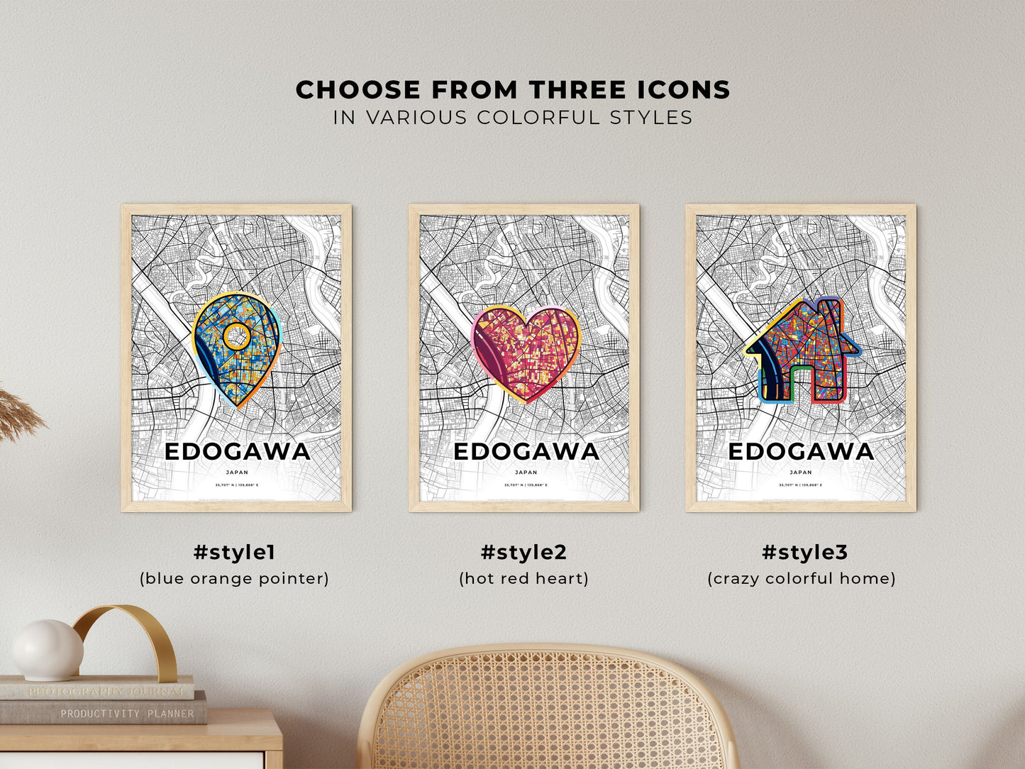 Edogawa Japan maps with colorful icons