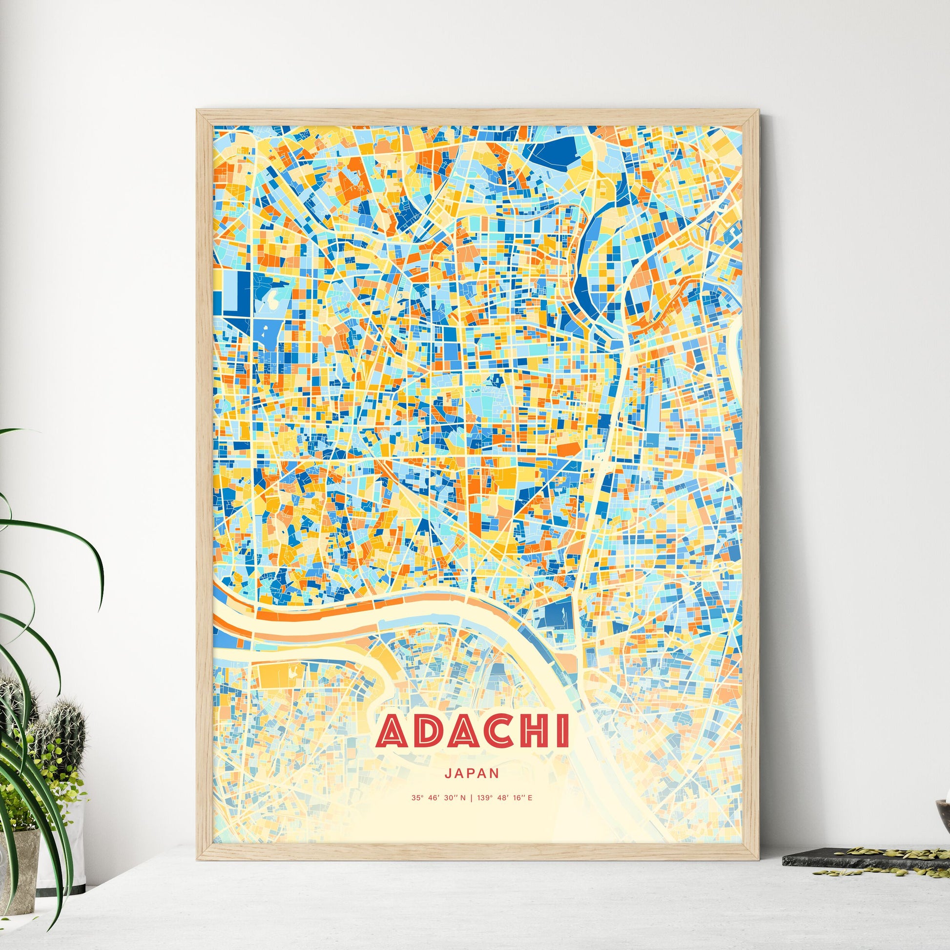 Colorful ADACHI JAPAN Fine Art Map Blue Orange