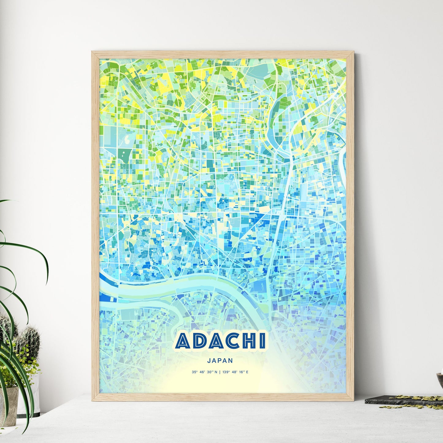 Colorful ADACHI JAPAN Fine Art Map Cool Blue