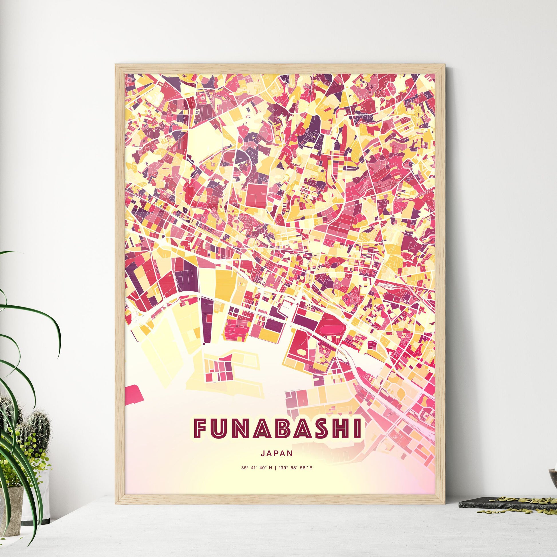 Colorful FUNABASHI JAPAN Fine Art Map Hot Red