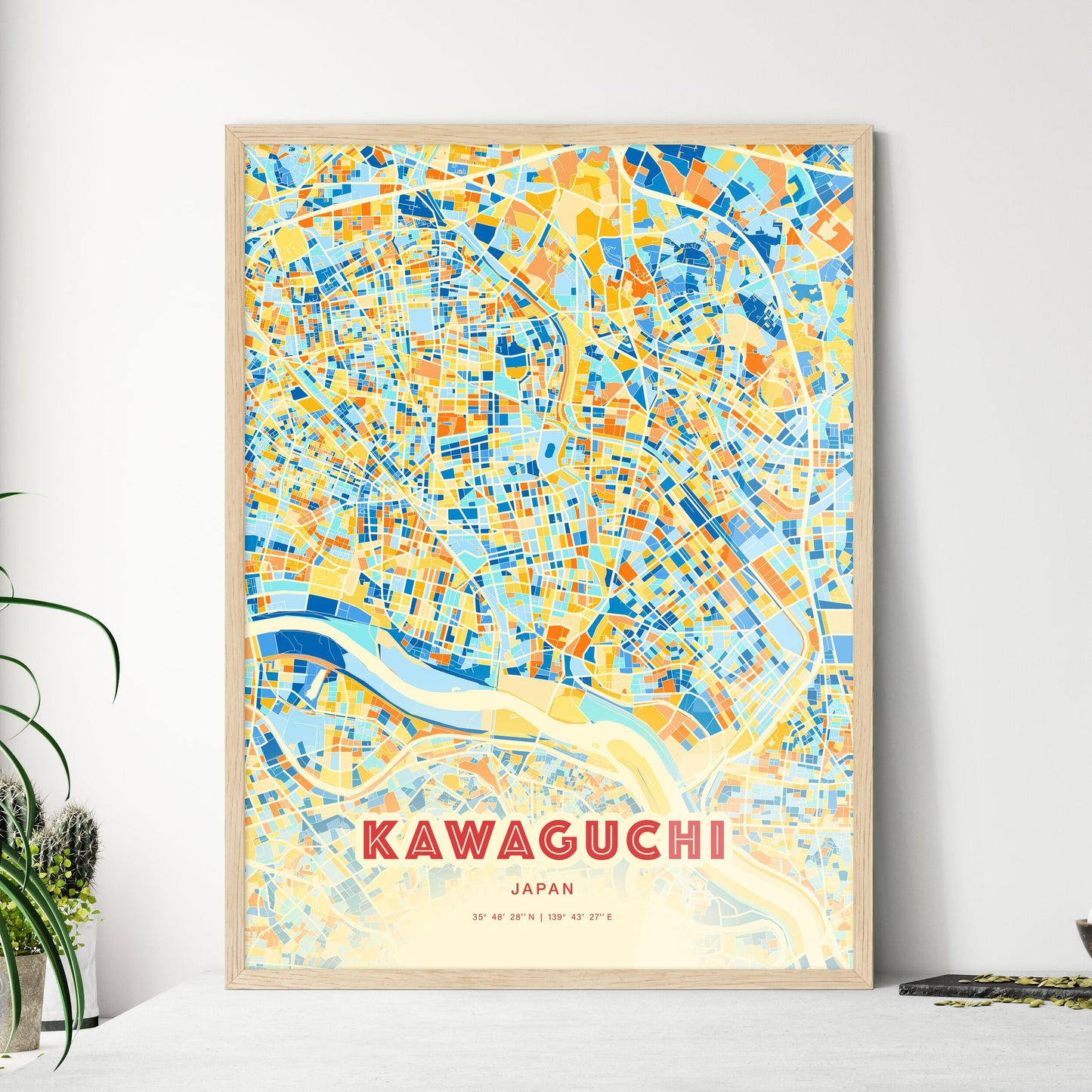 Colorful KAWAGUCHI JAPAN Fine Art Map Blue Orange