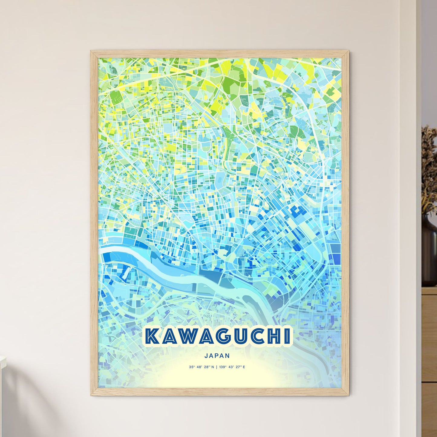 Colorful KAWAGUCHI JAPAN Fine Art Map Cool Blue