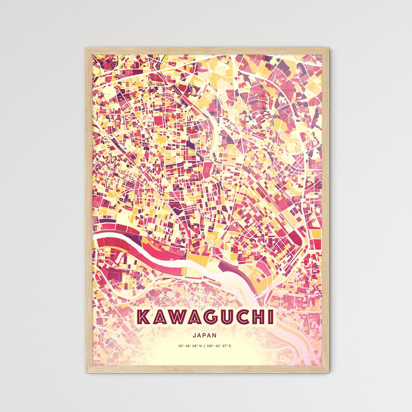 Colorful KAWAGUCHI JAPAN Fine Art Map Hot Red