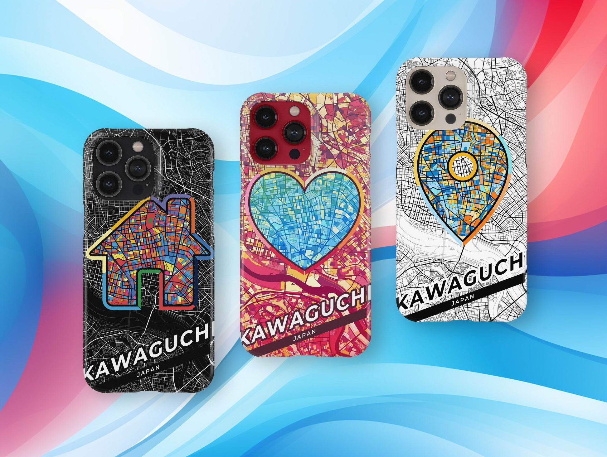 Kawaguchi Japan slim phone case with colorful icon. Birthday, wedding or housewarming gift. Couple match cases.