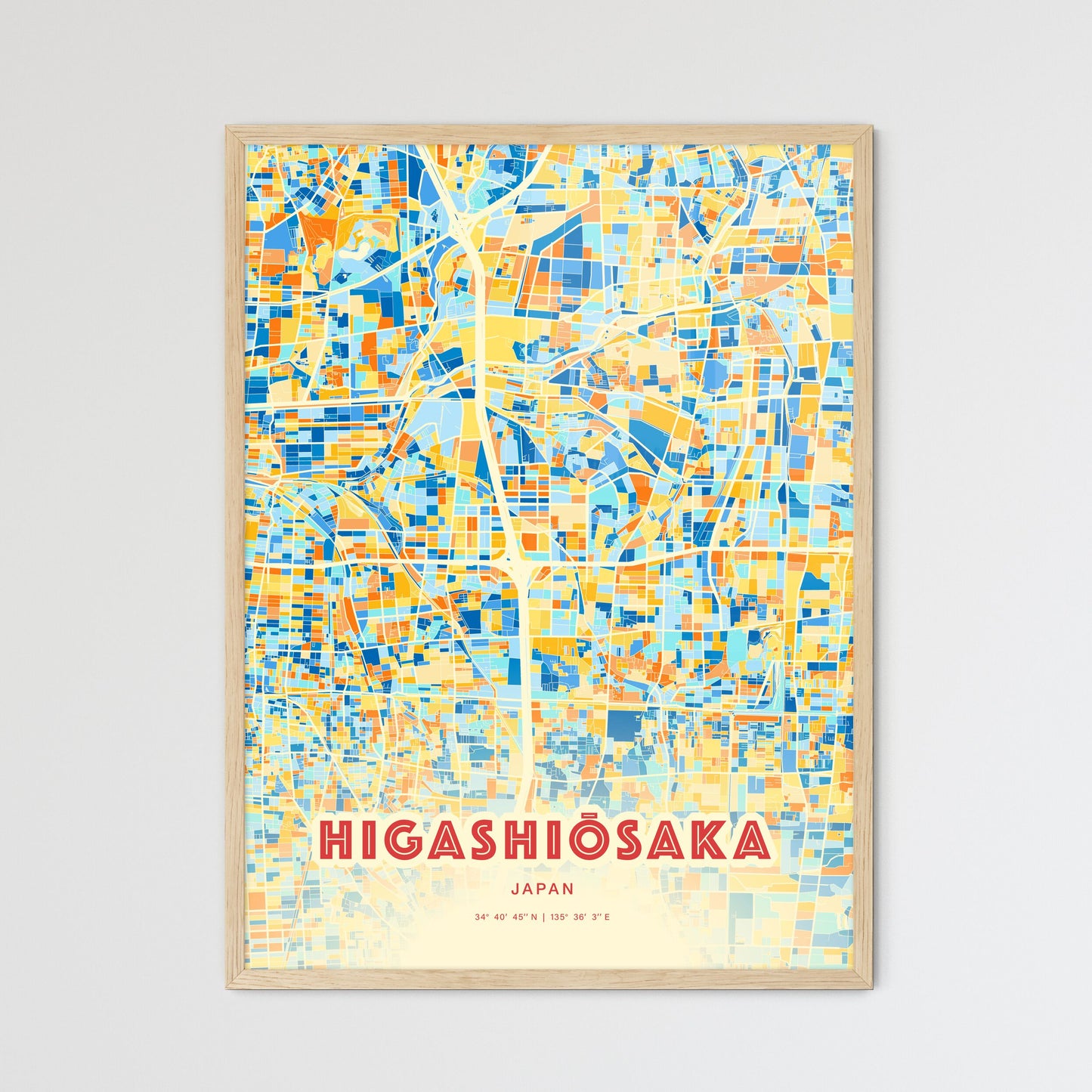 Colorful HIGASHIŌSAKA JAPAN Fine Art Map Blue Orange