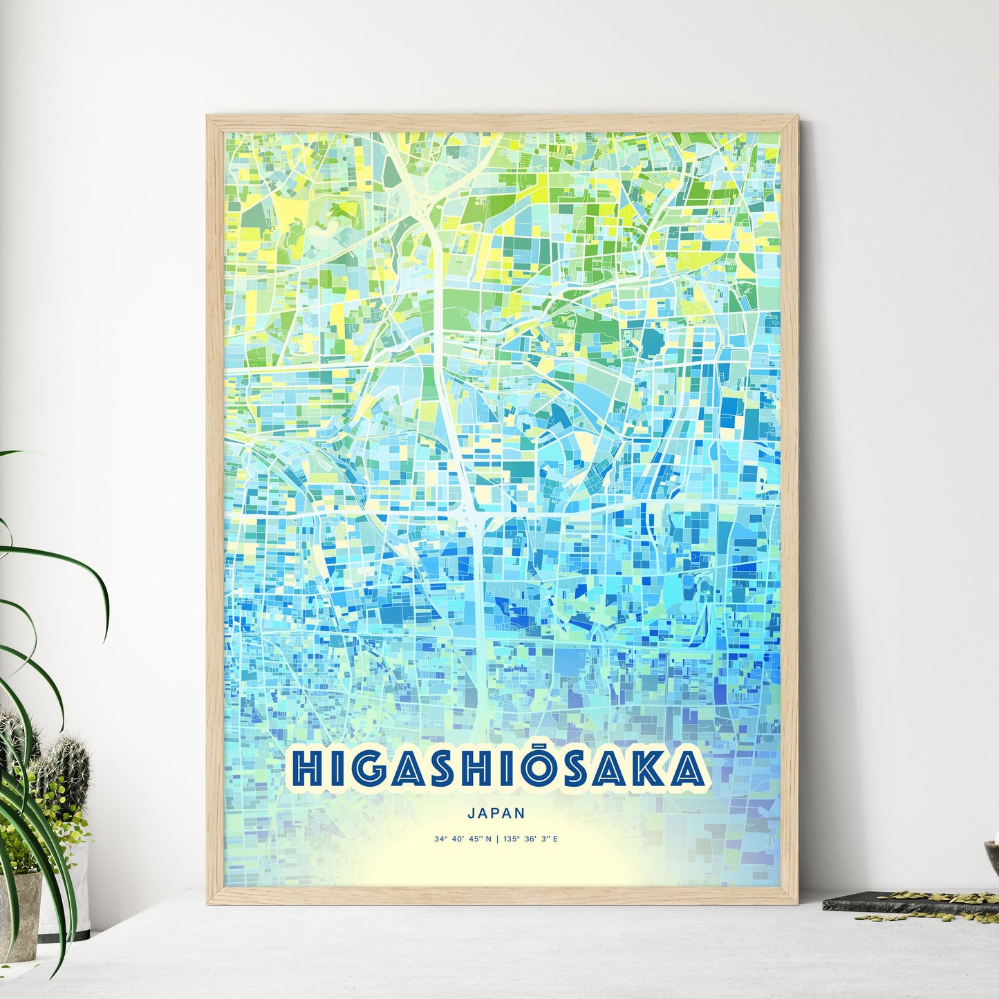 Colorful HIGASHIŌSAKA JAPAN Fine Art Map Cool Blue