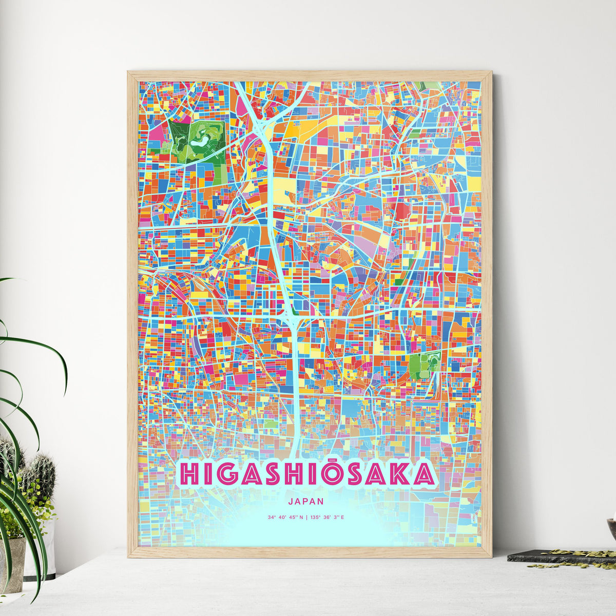 Colorful HIGASHIŌSAKA JAPAN Fine Art Map Crazy Colors