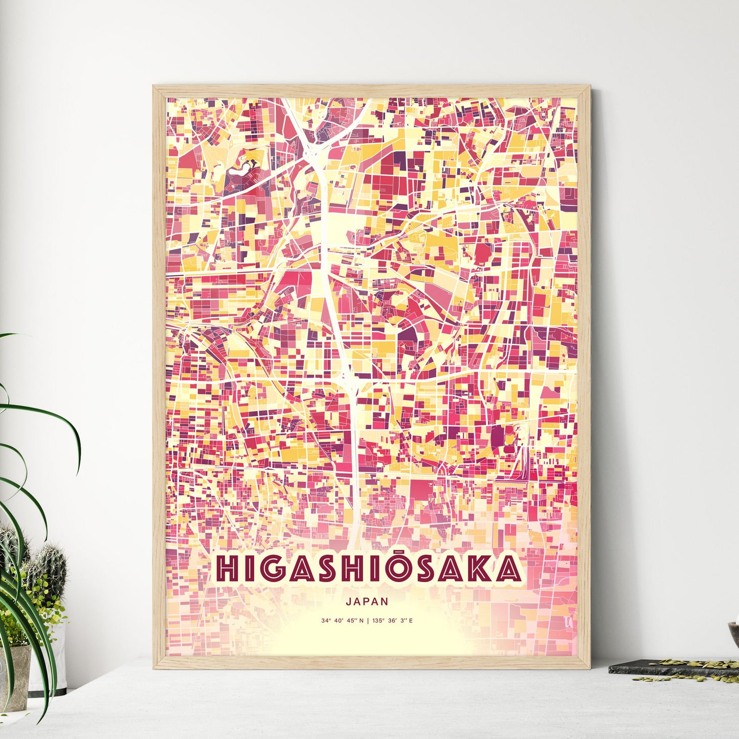 Colorful HIGASHIŌSAKA JAPAN Fine Art Map Hot Red