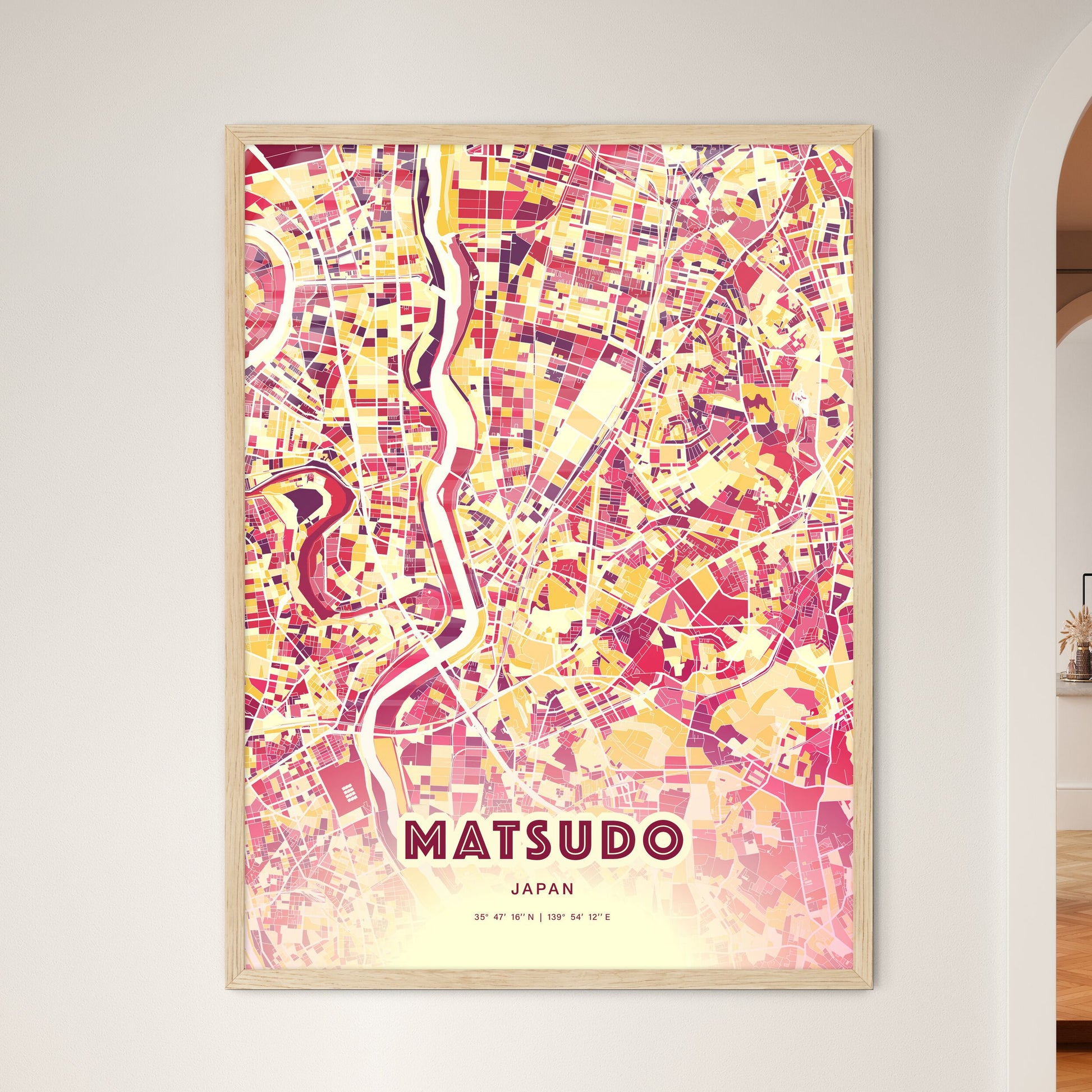 Colorful MATSUDO JAPAN Fine Art Map Hot Red