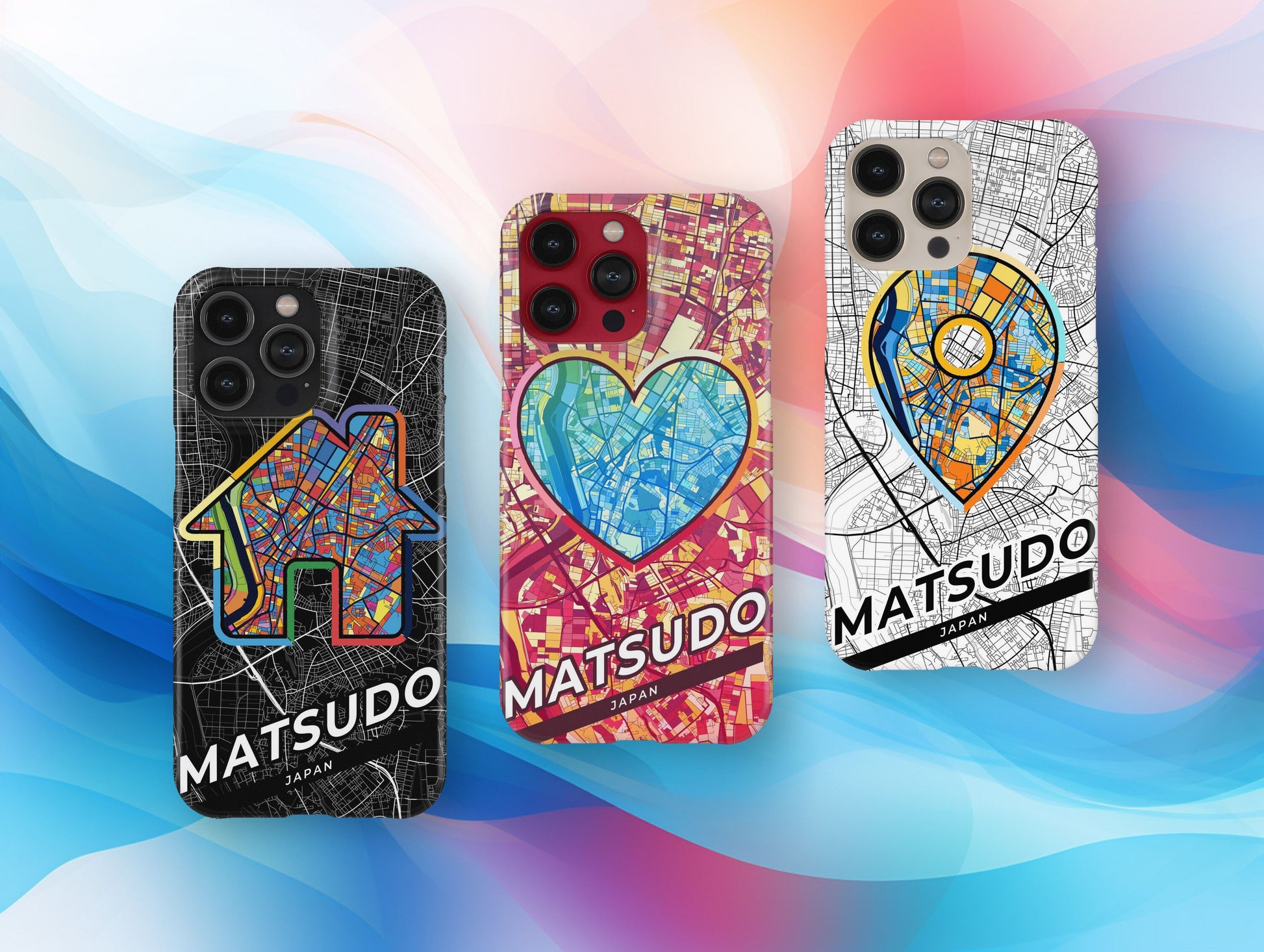 Matsudo Japan slim phone case with colorful icon. Birthday, wedding or housewarming gift. Couple match cases.