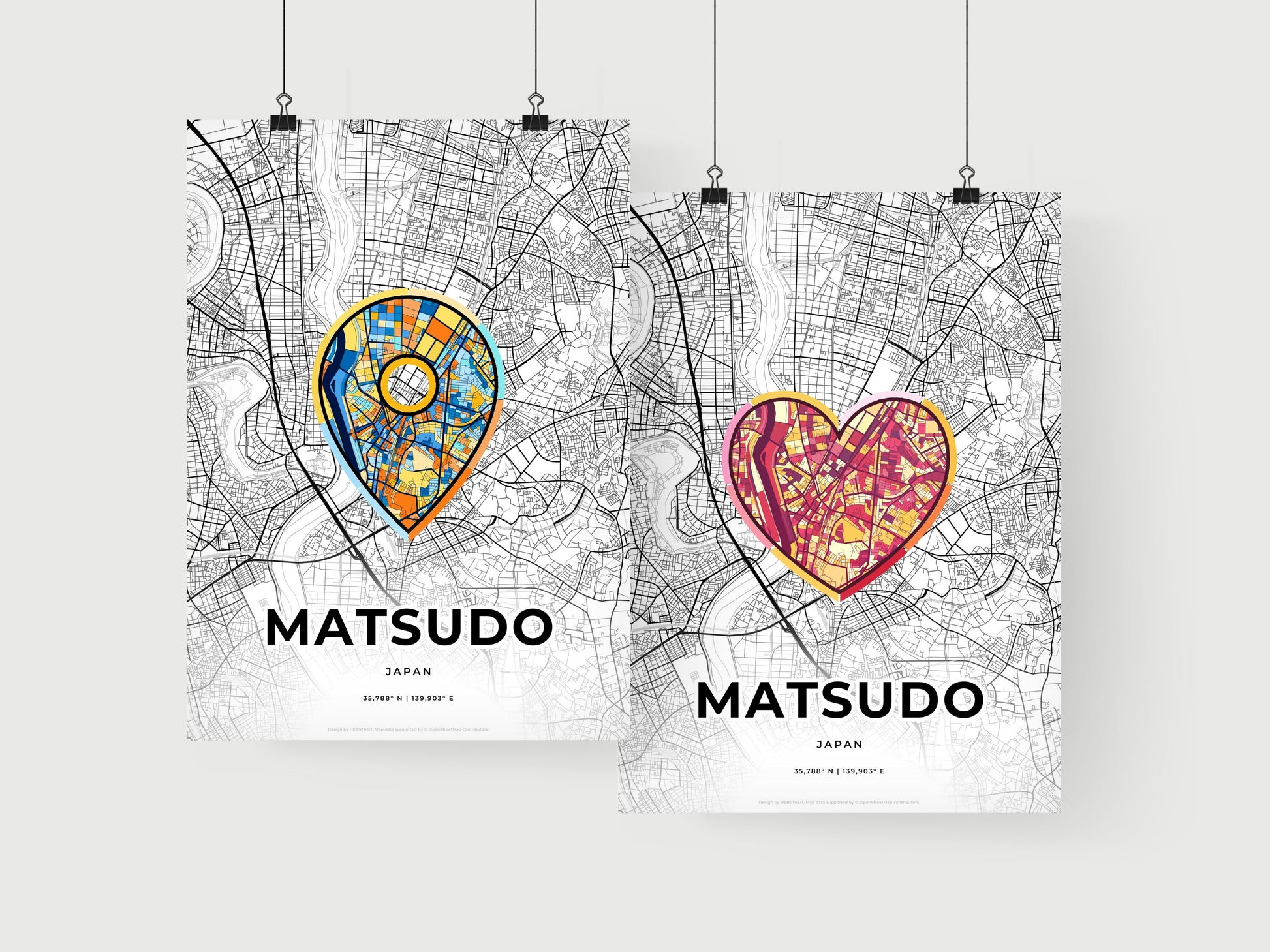 MATSUDO JAPAN minimal art map with a colorful icon. Where it all began, Couple map gift.