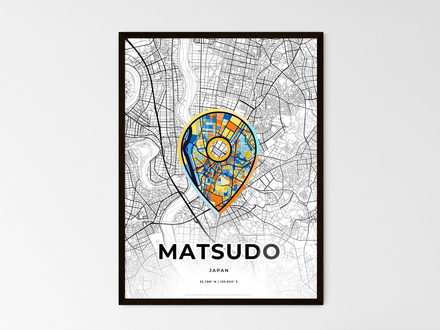MATSUDO JAPAN minimal art map with a colorful icon. Where it all began, Couple map gift. Style 1