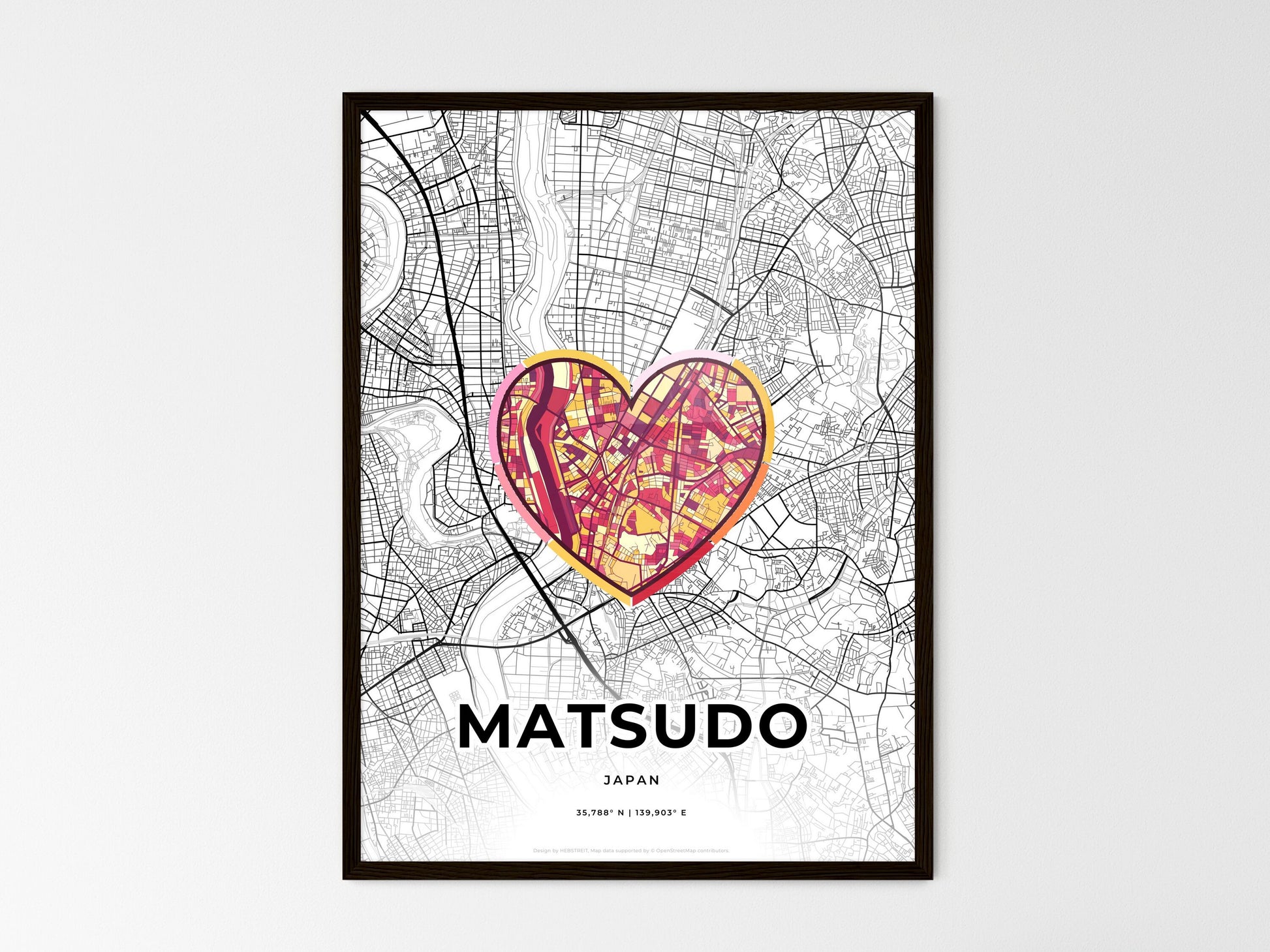 MATSUDO JAPAN minimal art map with a colorful icon. Where it all began, Couple map gift. Style 2