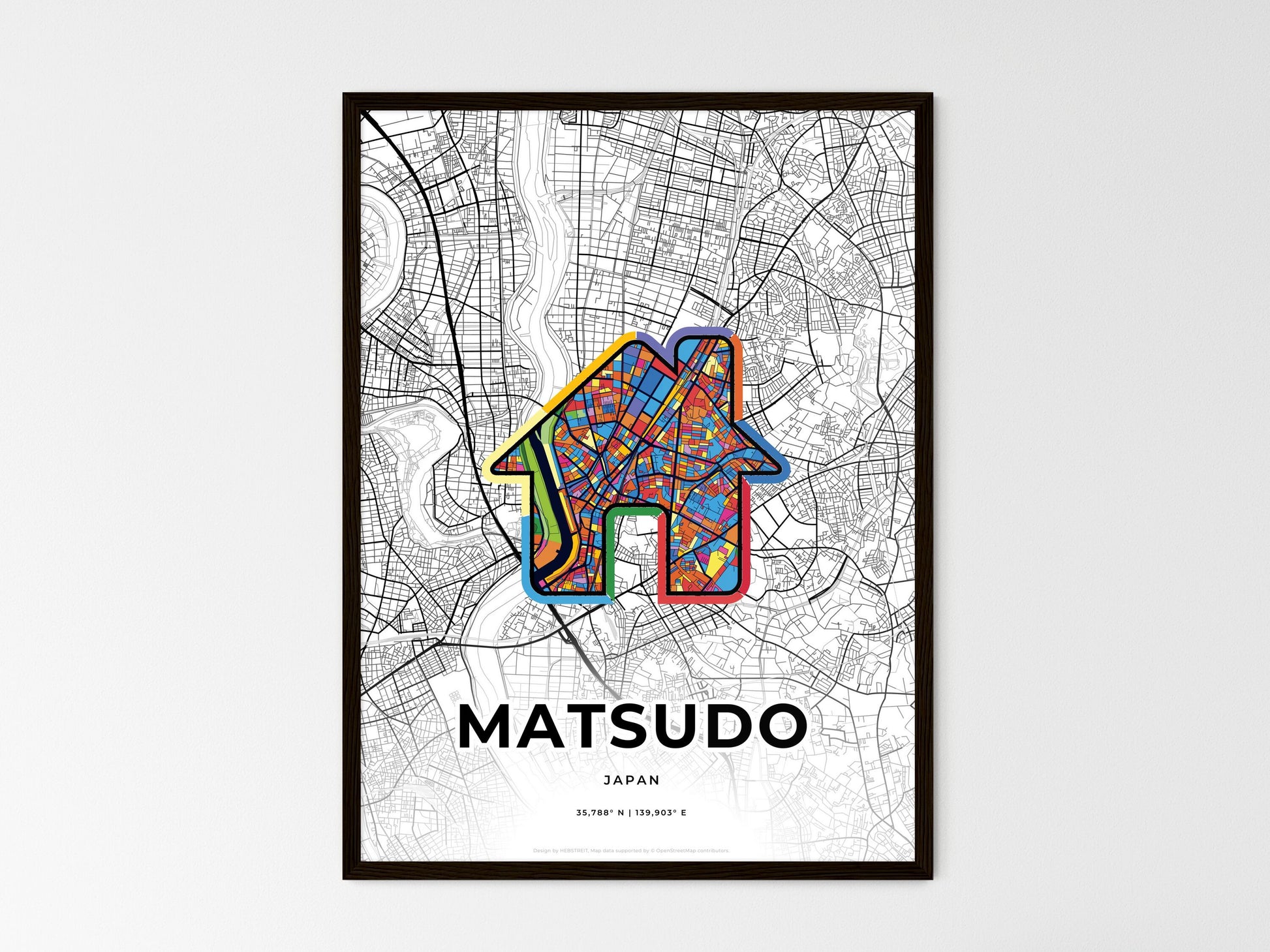 MATSUDO JAPAN minimal art map with a colorful icon. Where it all began, Couple map gift. Style 3