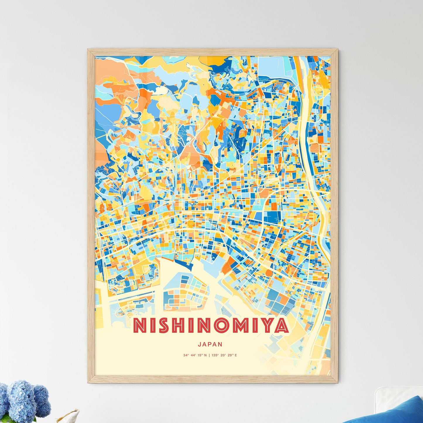 Colorful NISHINOMIYA JAPAN Fine Art Map Blue Orange