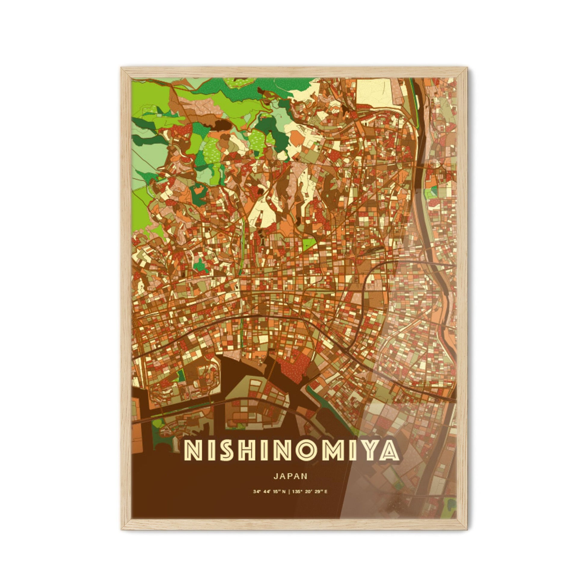 Colorful NISHINOMIYA JAPAN Fine Art Map Farmhouse