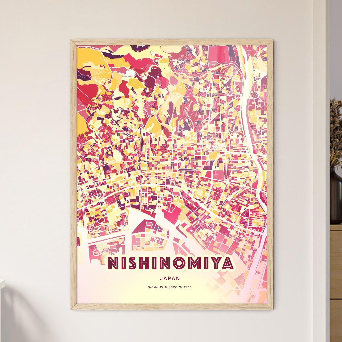 Colorful NISHINOMIYA JAPAN Fine Art Map Hot Red