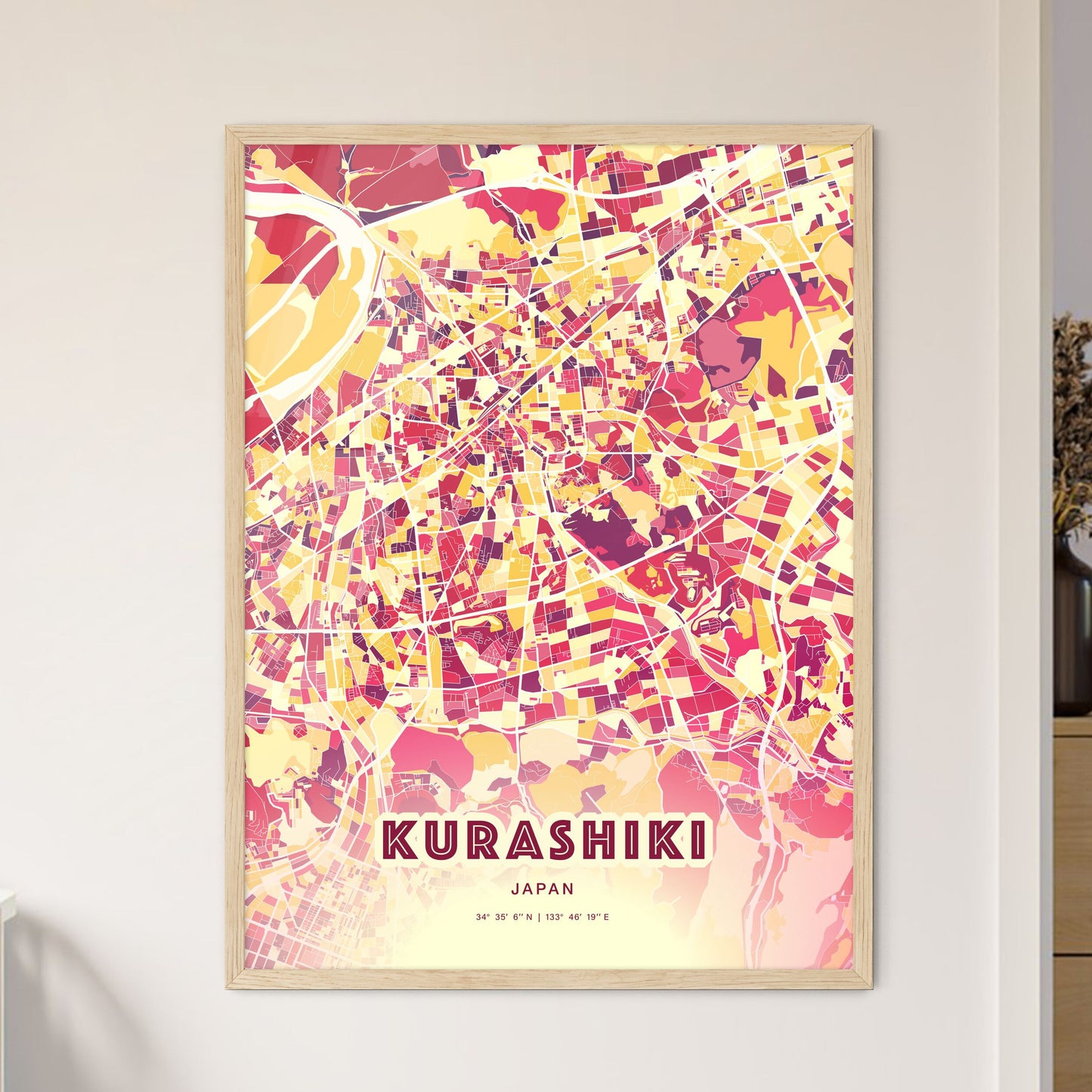 Colorful KURASHIKI JAPAN Fine Art Map Hot Red