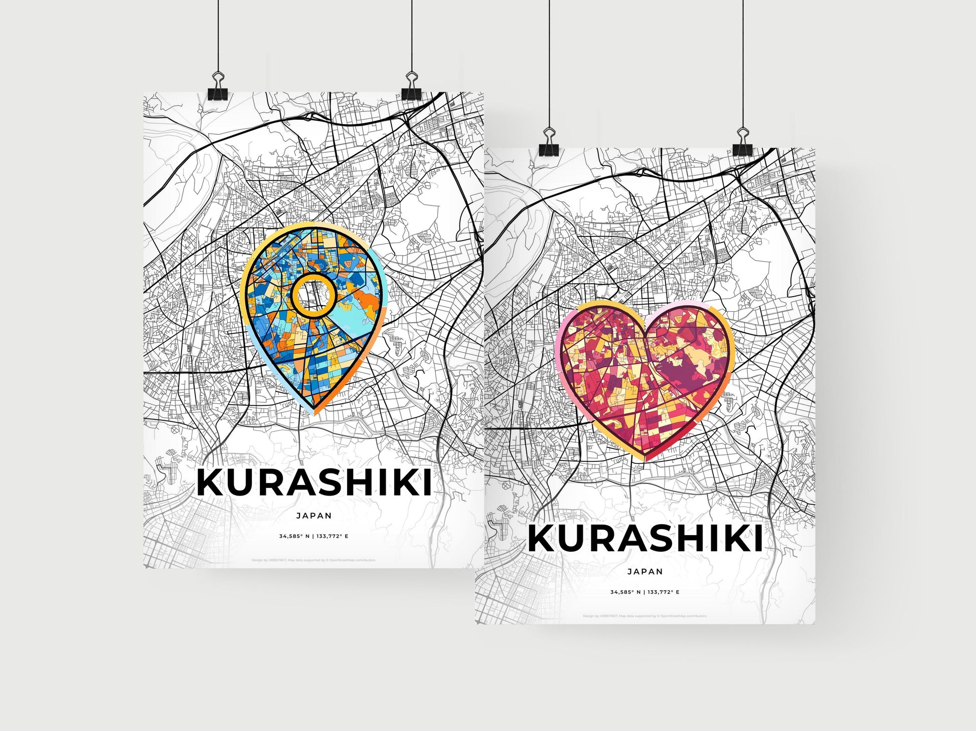 KURASHIKI JAPAN minimal art map with a colorful icon. Where it all began, Couple map gift.