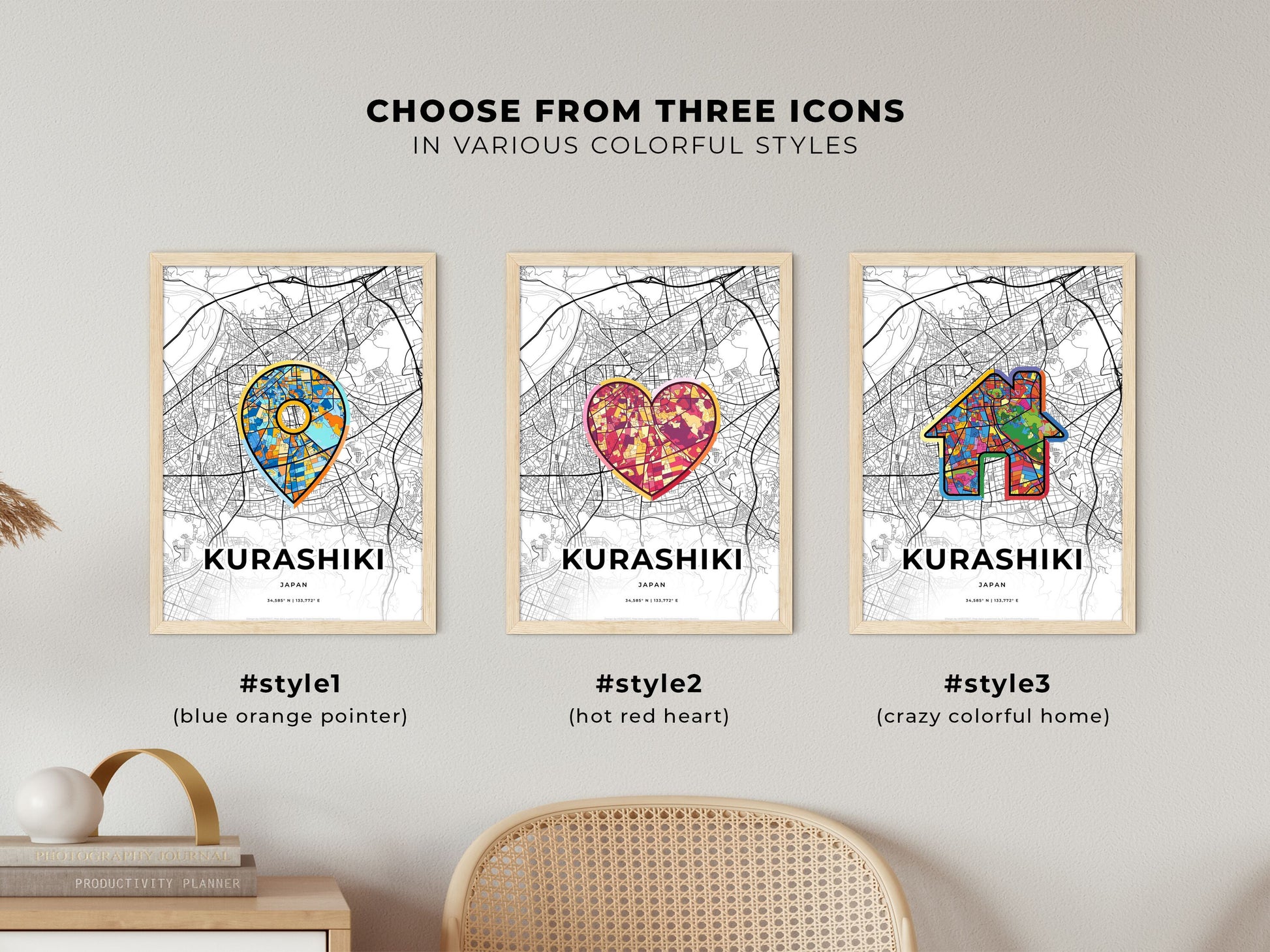 KURASHIKI JAPAN minimal art map with a colorful icon. Where it all began, Couple map gift.