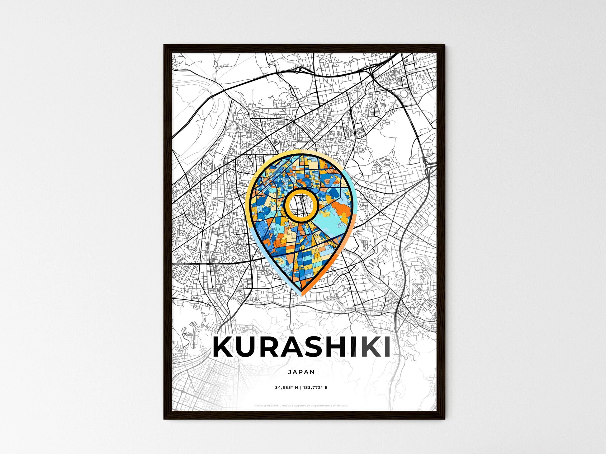 KURASHIKI JAPAN minimal art map with a colorful icon. Where it all began, Couple map gift. Style 1