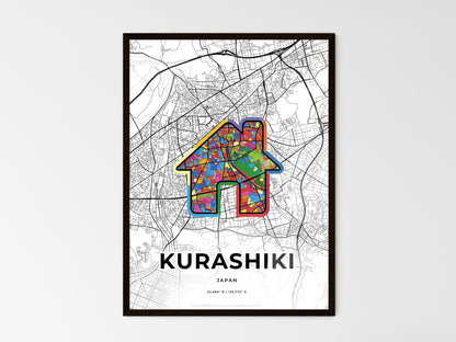 KURASHIKI JAPAN minimal art map with a colorful icon. Where it all began, Couple map gift. Style 3