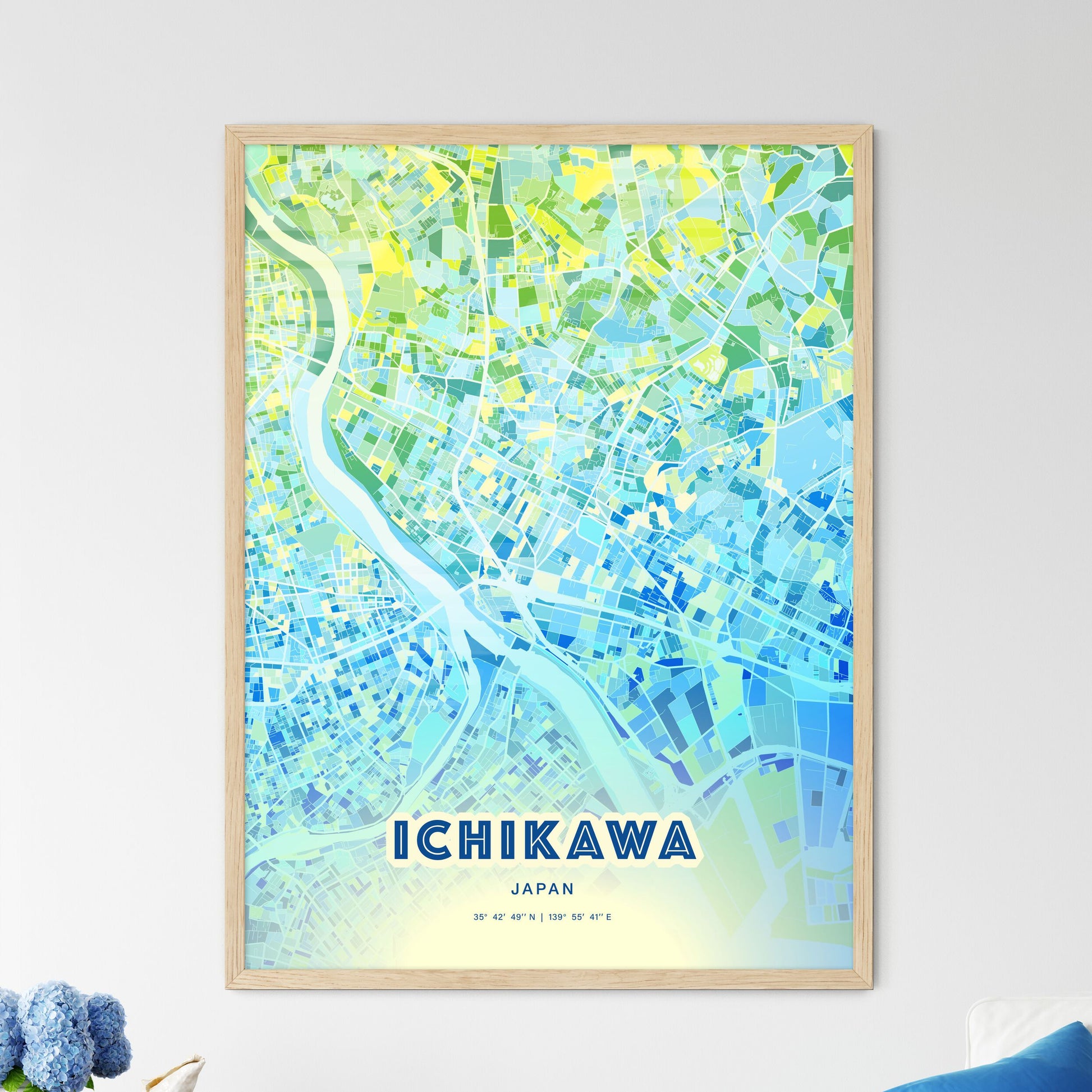 Colorful ICHIKAWA JAPAN Fine Art Map Cool Blue