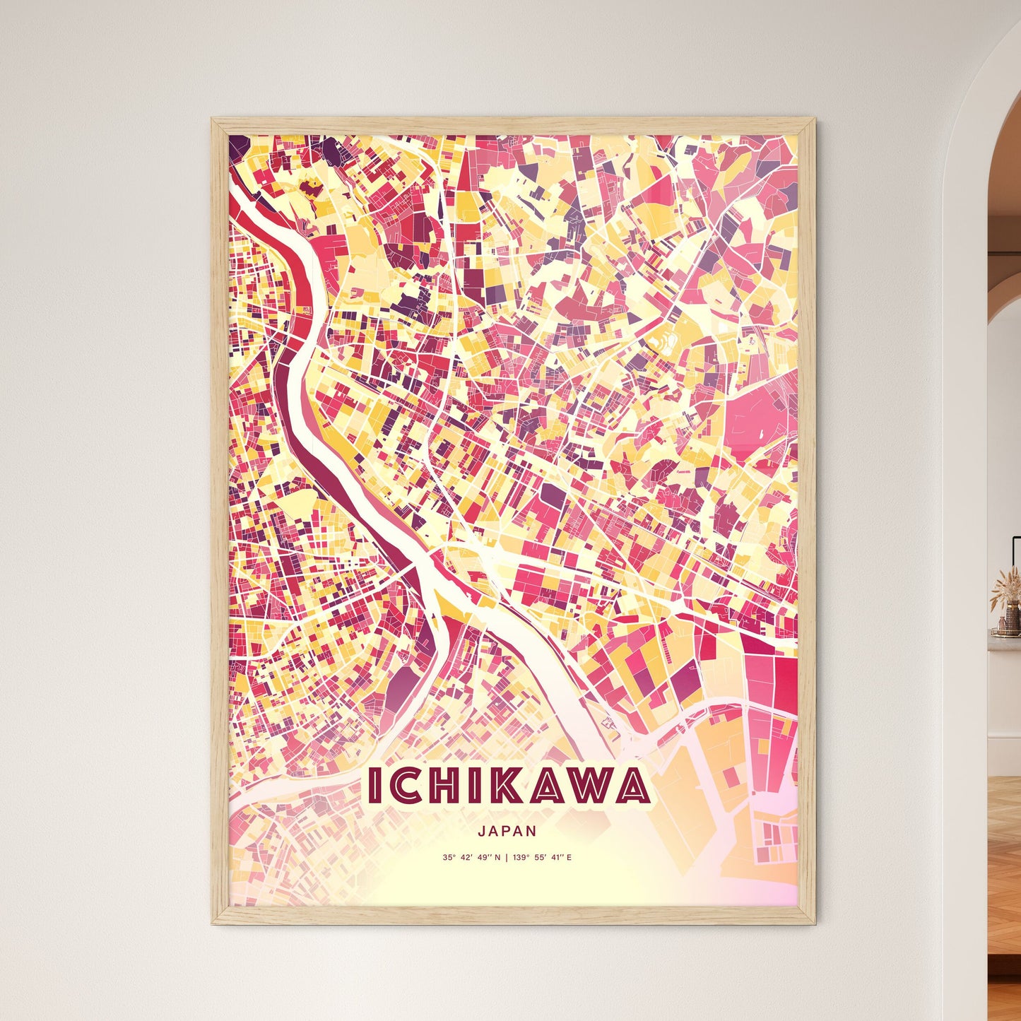 Colorful ICHIKAWA JAPAN Fine Art Map Hot Red