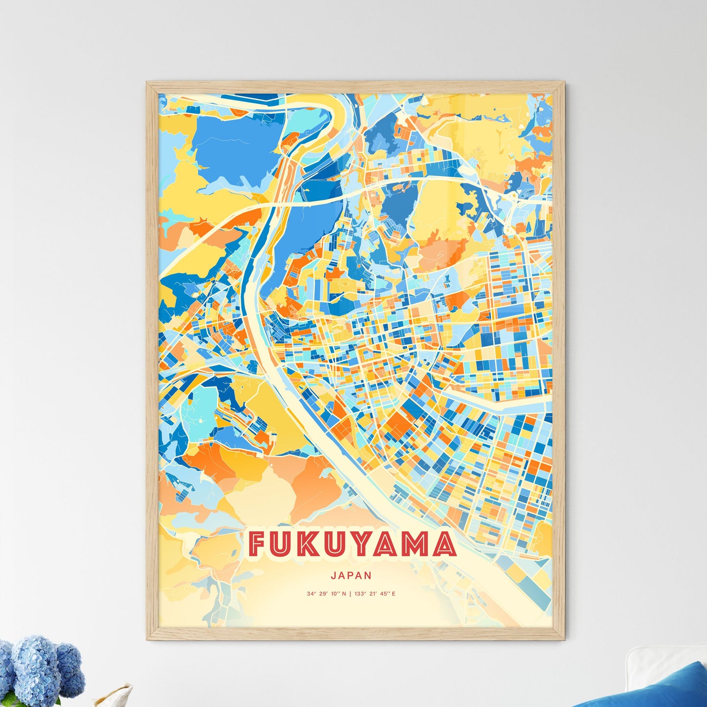 Colorful FUKUYAMA JAPAN Fine Art Map Blue Orange